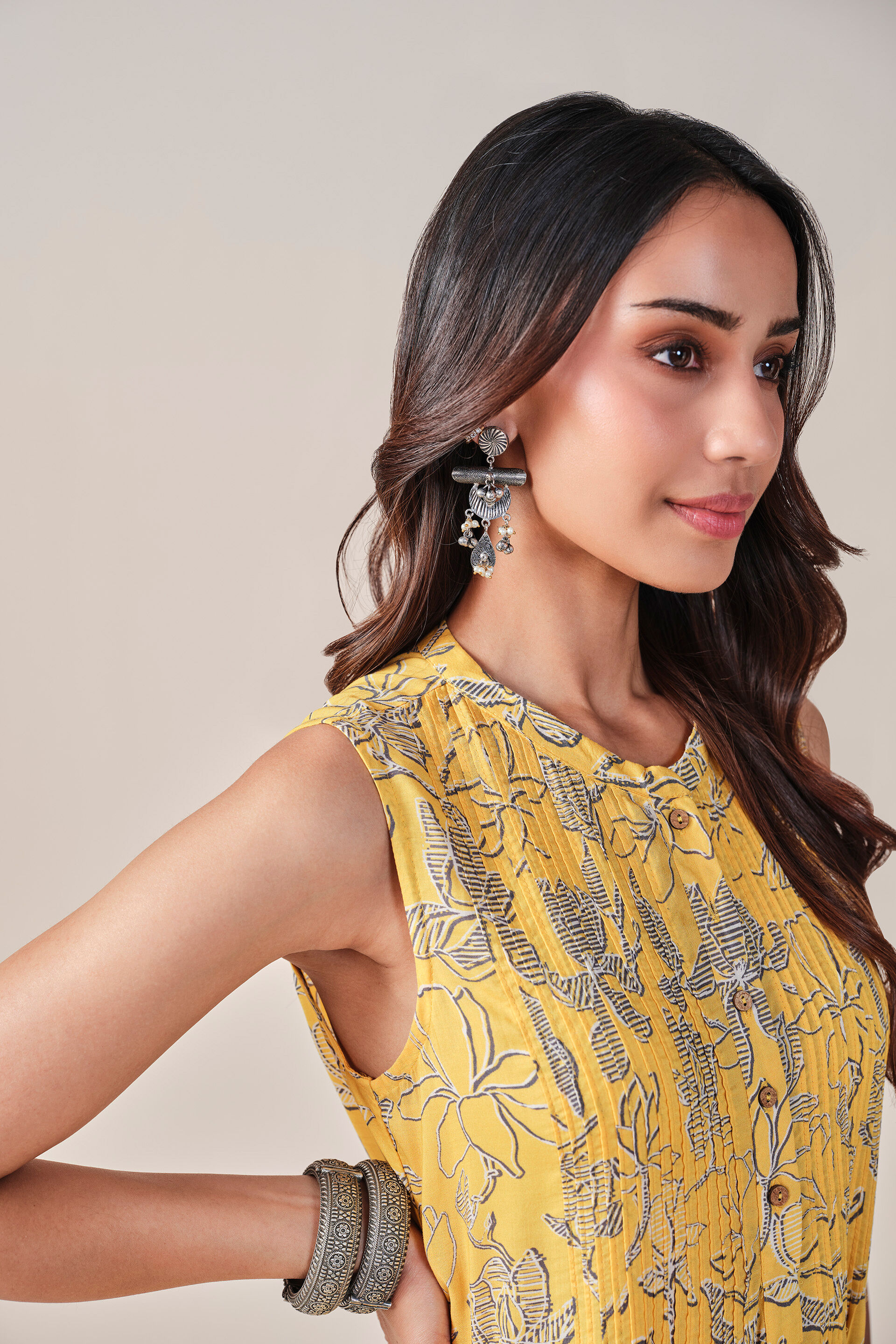 Floral Print Viscose Kurta, Mustard, image 8