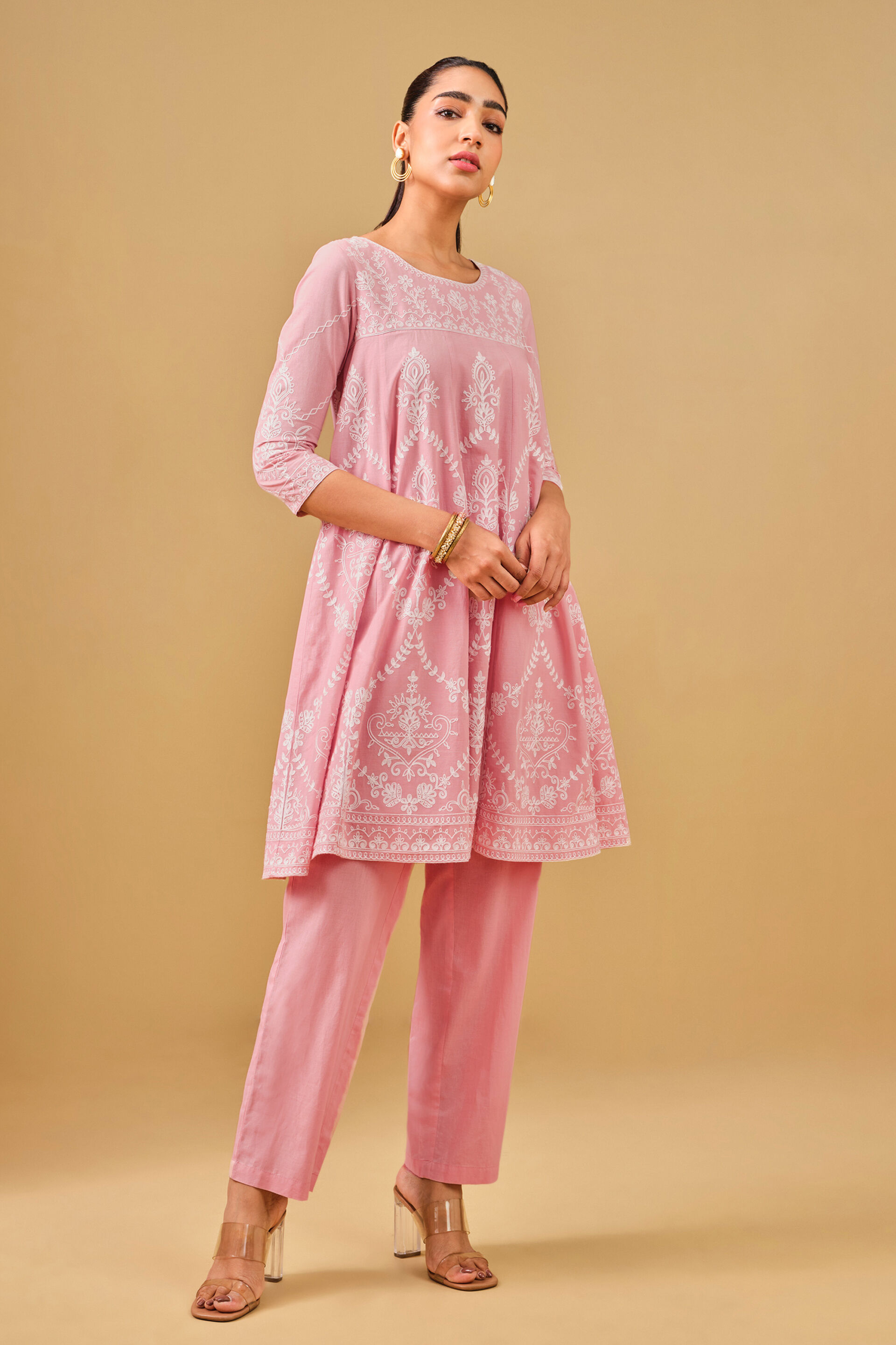 Pink Embroidered Cotton Kurta Set, Pink, image 2