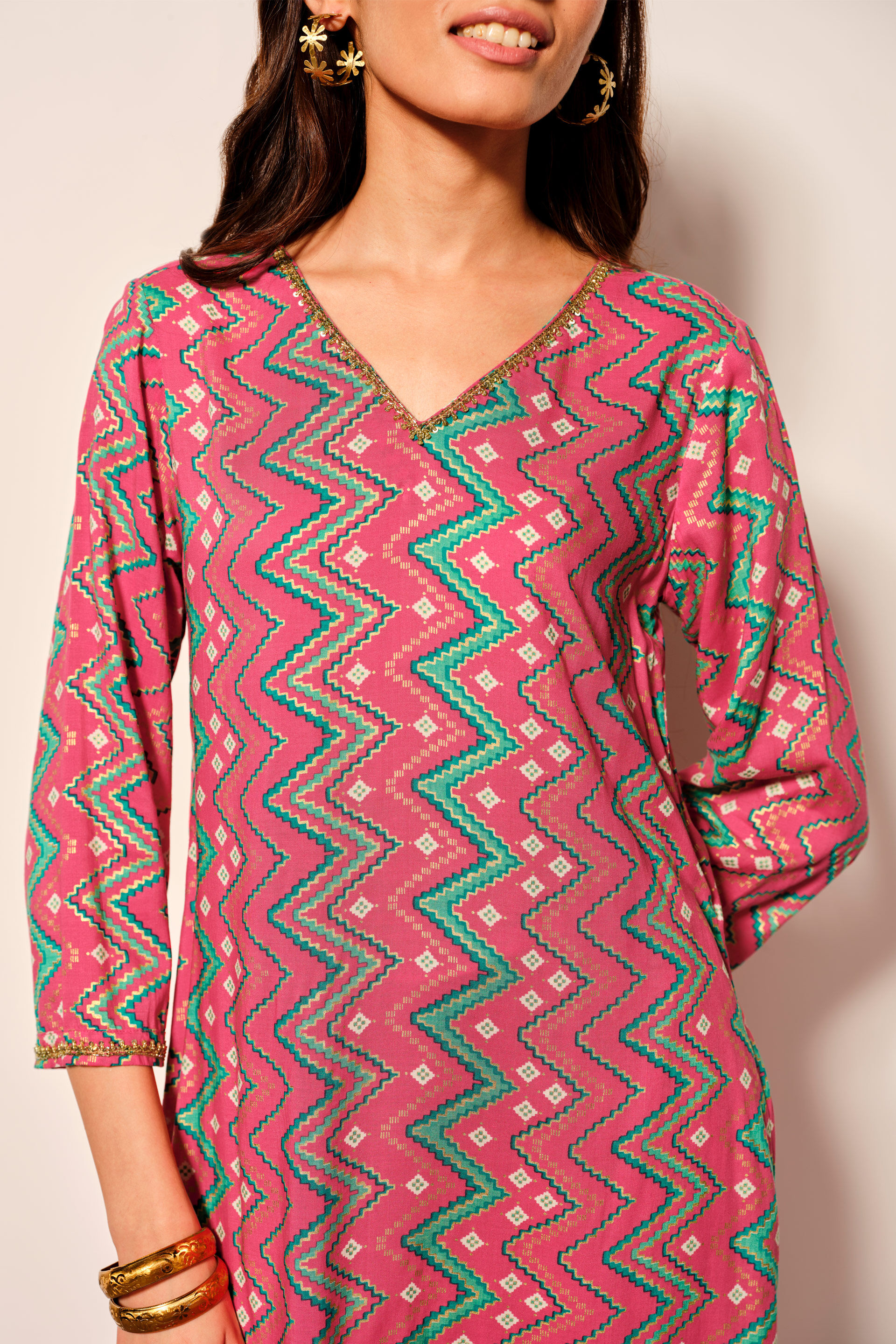 Pink Chevron Print Viscose Kurta Set, Pink, image 4
