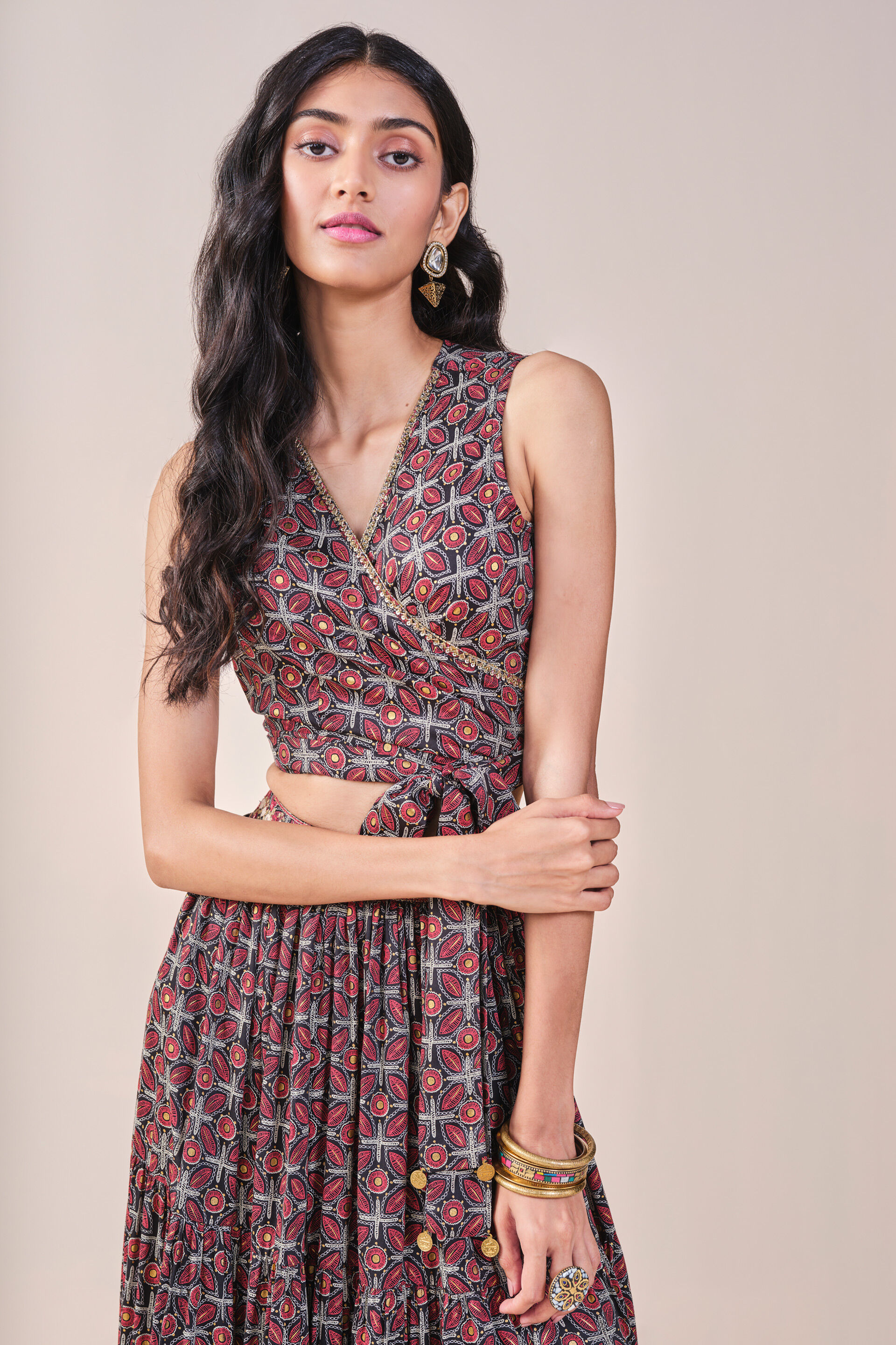 Floral Print Embroidered Tiered Skirt Set, Black, image 8