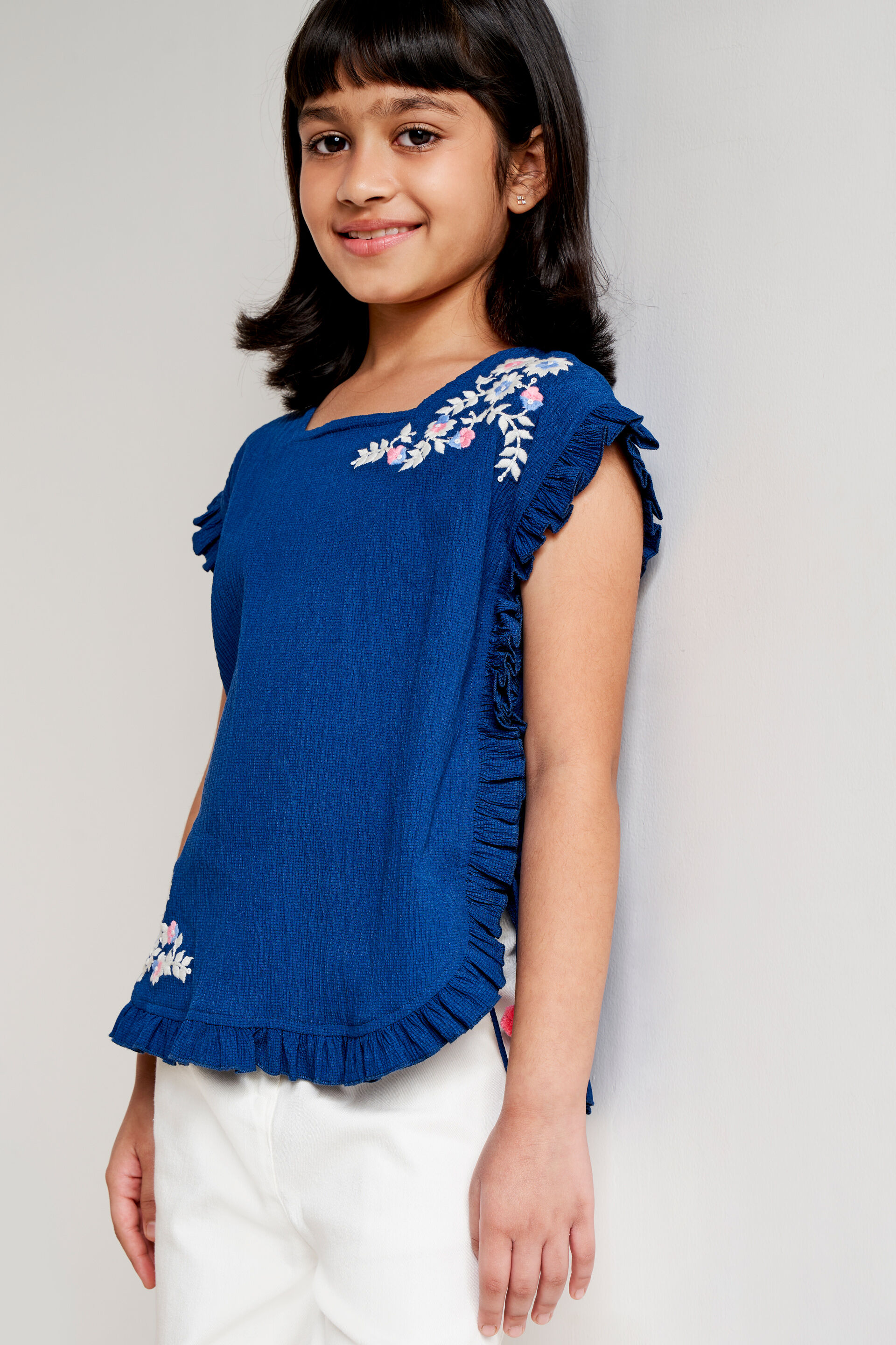 Navy Solid Embroidered Fit And Flare Top, Navy Blue, image 3