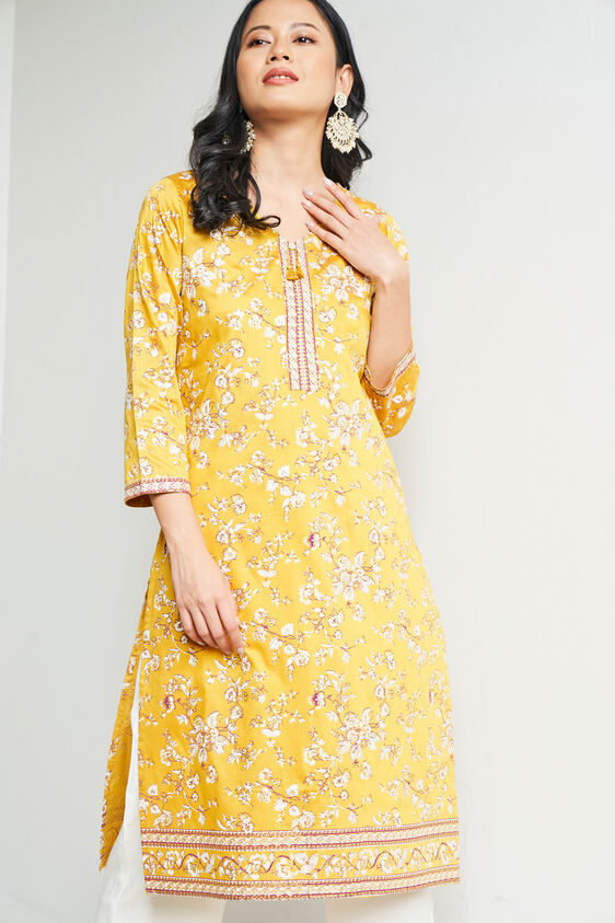 Floral Tie-Ups Straight Kurta, Mustard, image 2