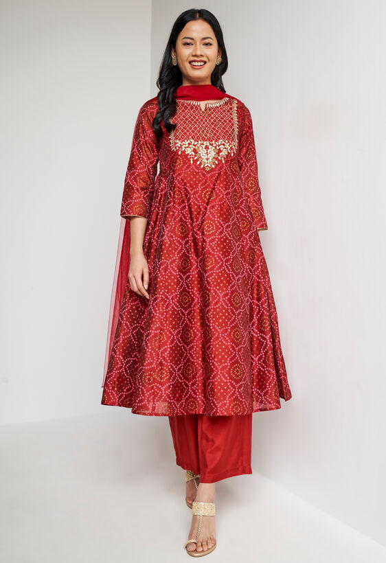 Red Ethnic Motifs Curved Suit, Red, image 3