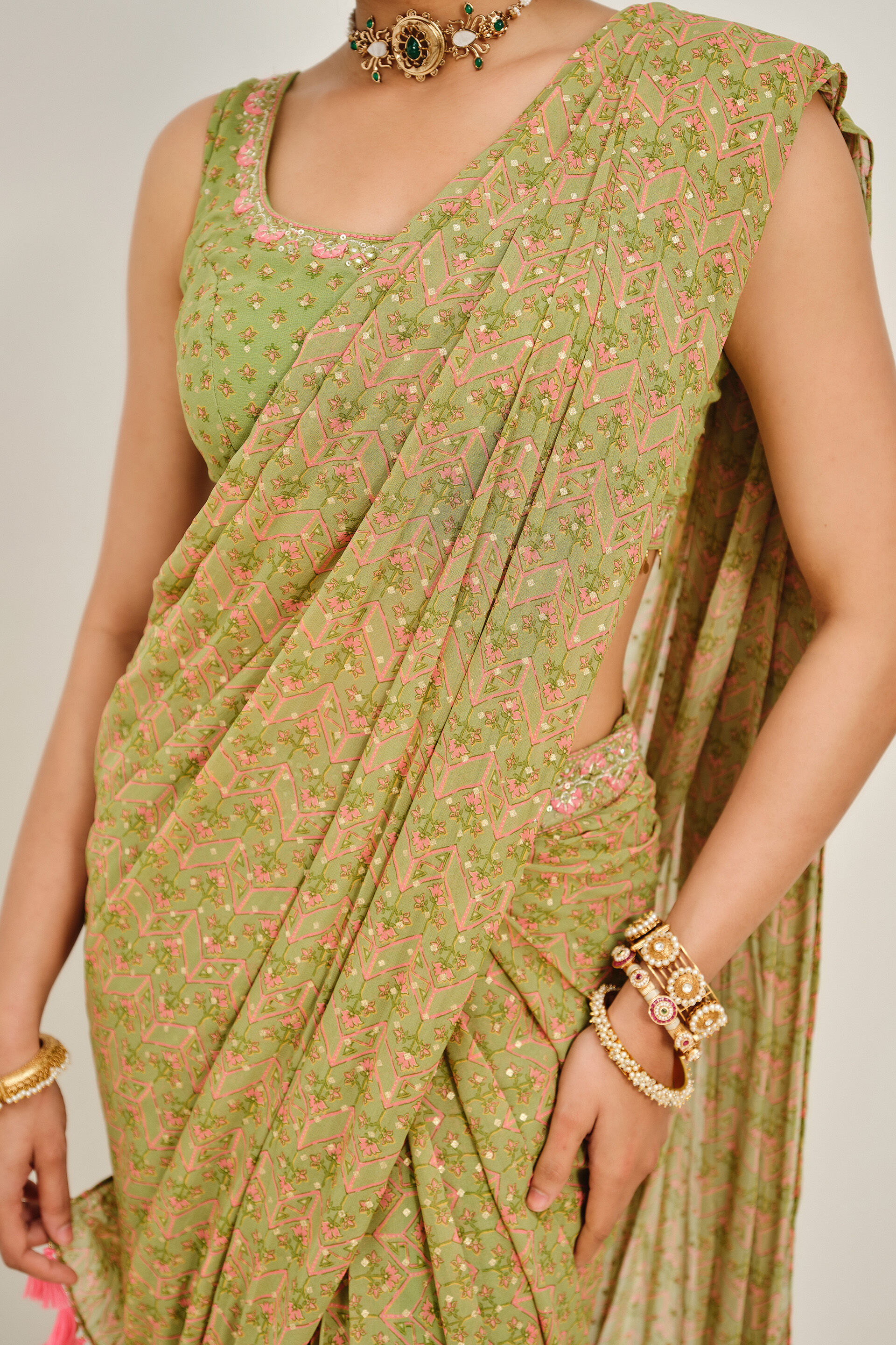 Leher Predraped Saree, Green, image 5