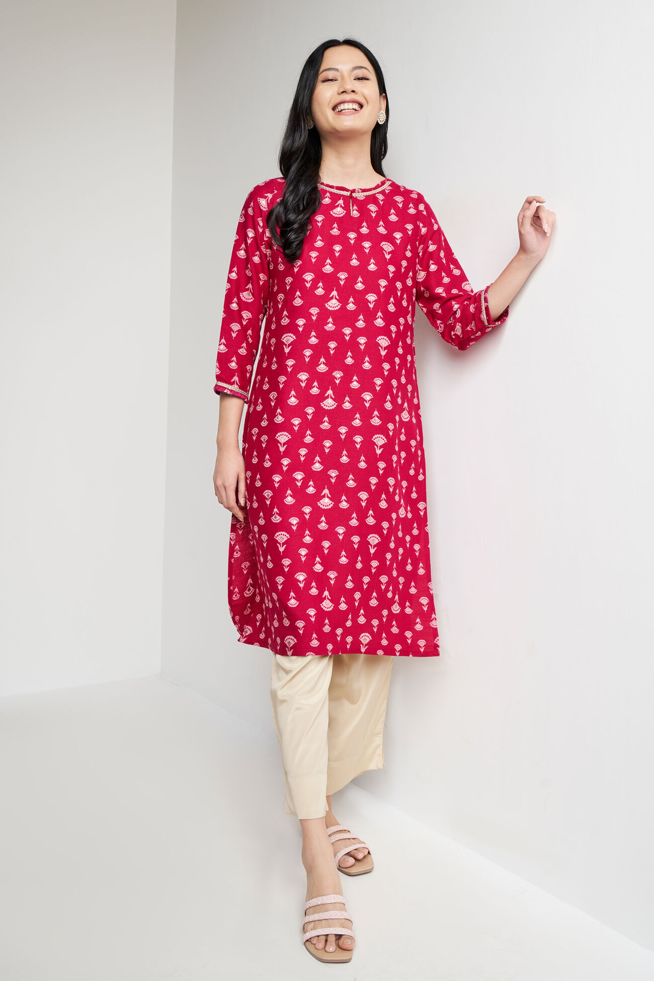 Pink Ethnic Motifs Straight Kurta, Pink, image 1