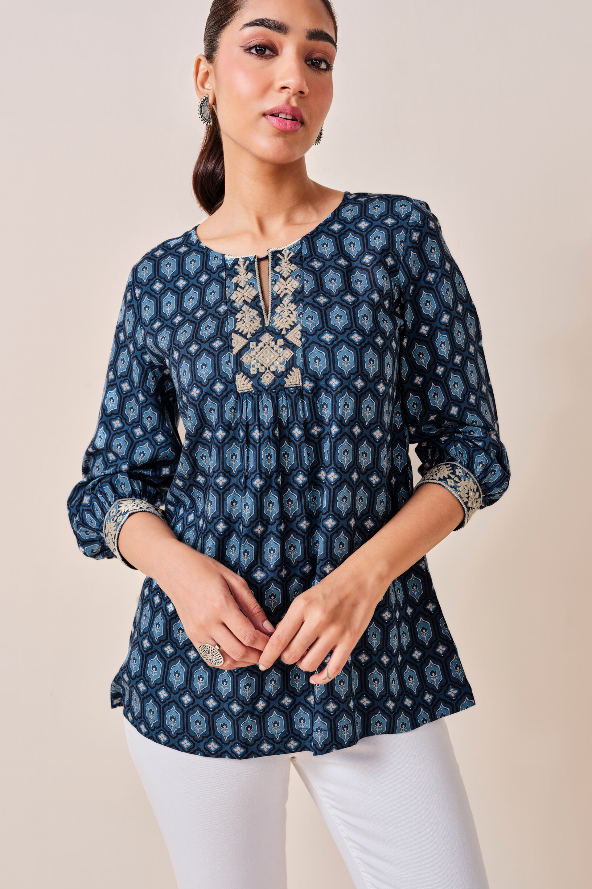 Indigo Floral Print Viscose Top, Indigo, image 6