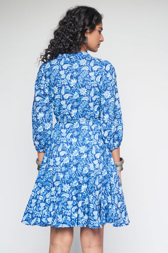 Blue Floral Gathered Shirt Style Dress, Blue, image 4