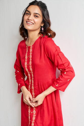Red Solid Embroidered Fit And Flare Tunic, Red, image 5