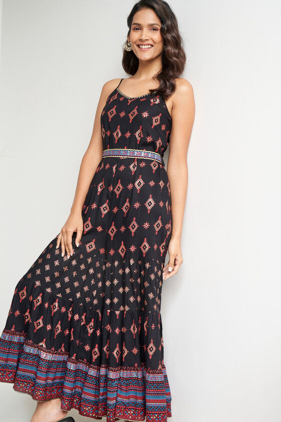 Black Foil Print Embellished Jumpsuit, Black, image 2