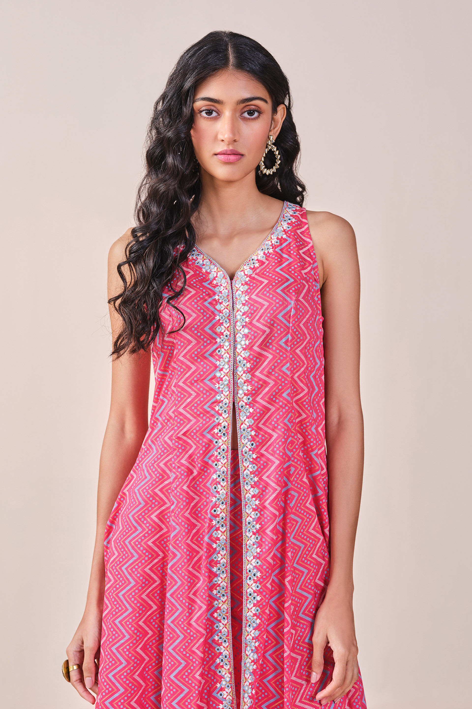 Pink Chevron Print Viscose Kurta Set, Pink, image 8