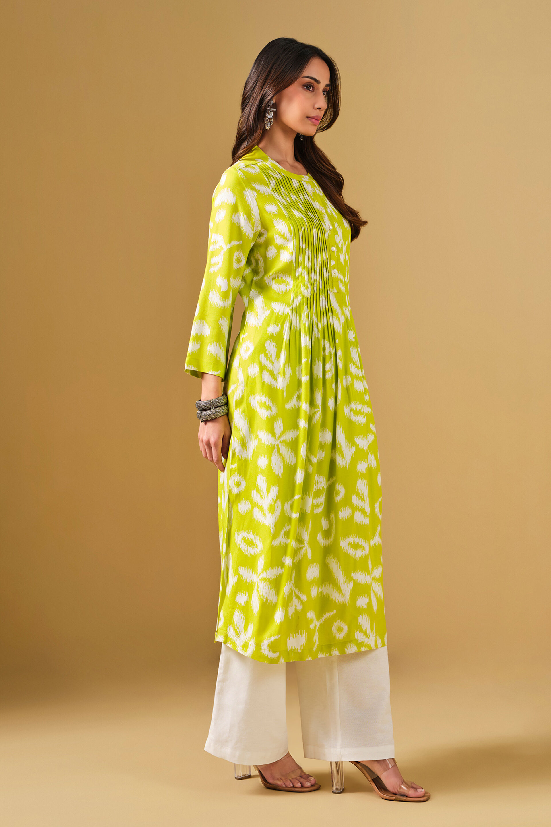 Ikat Inspired Lime Green Viscose Kurta, Lime, image 2