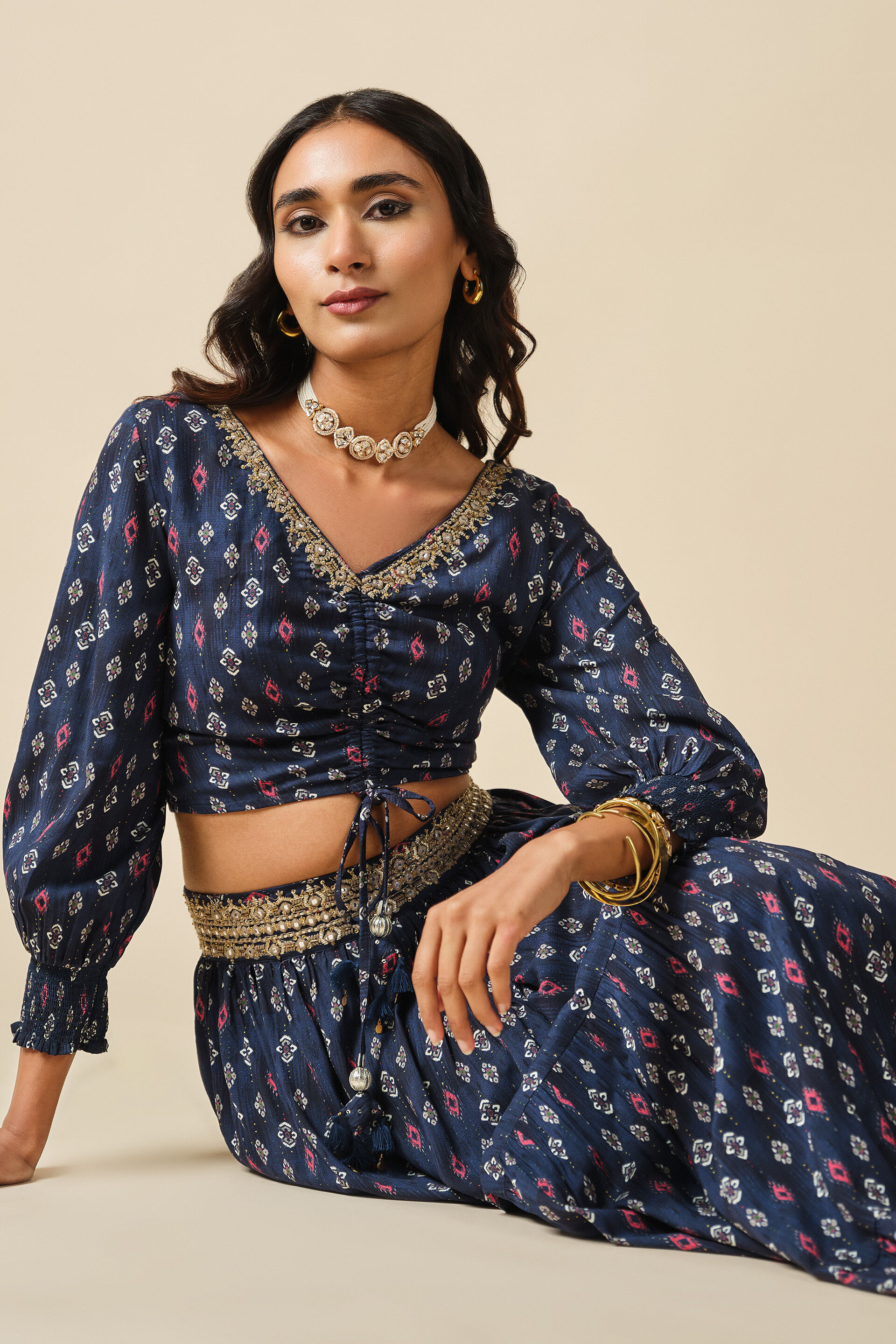 Navy Tie-up Top & Skirt Set, Navy Blue, image 4