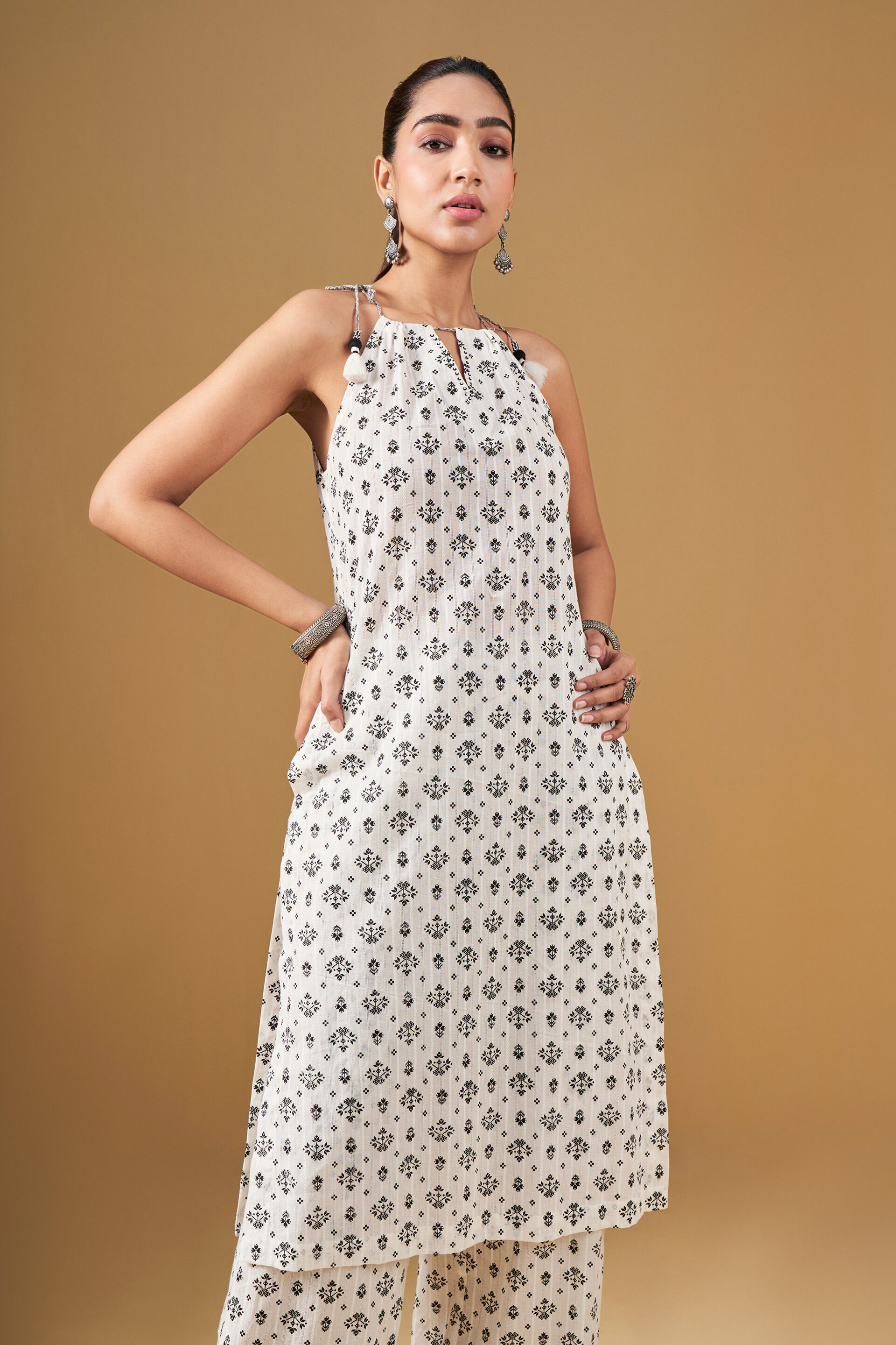 Ethnic Motif Printed Cotton Kurta Set, White, image 3