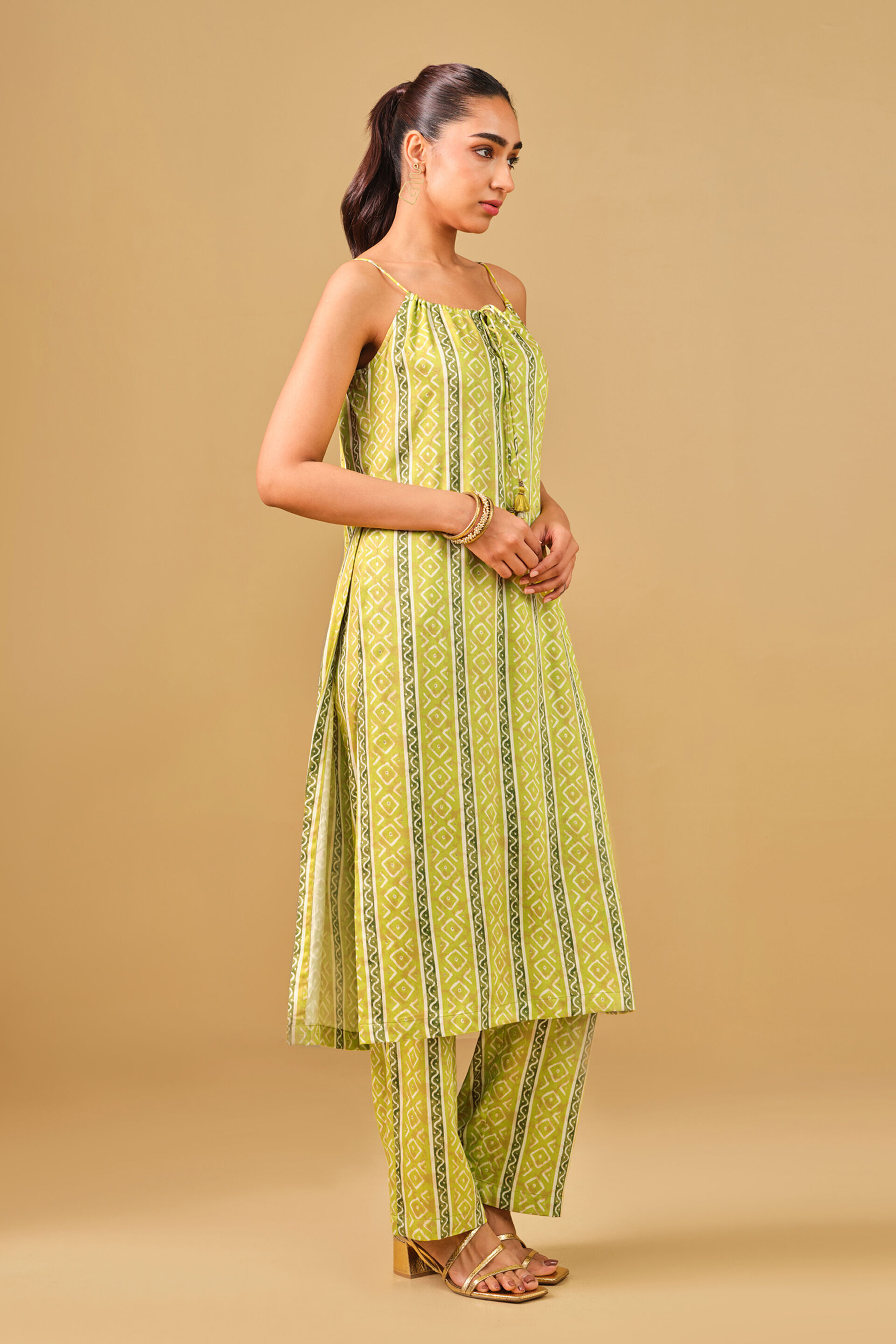 Striped Lime Green Viscose Kurta Set, Lime, image 2