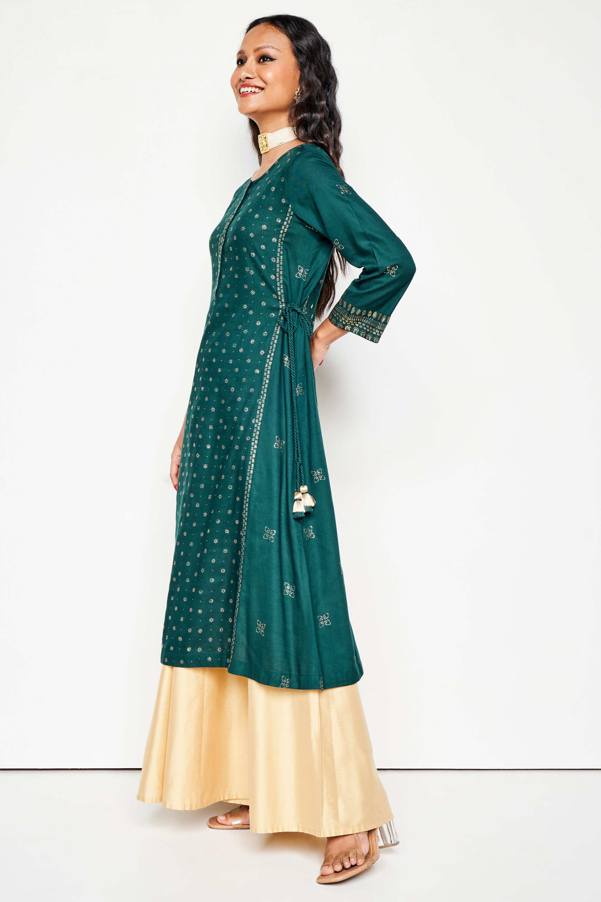 Green Ethnic Motifs Straight Kurta, Green, image 4
