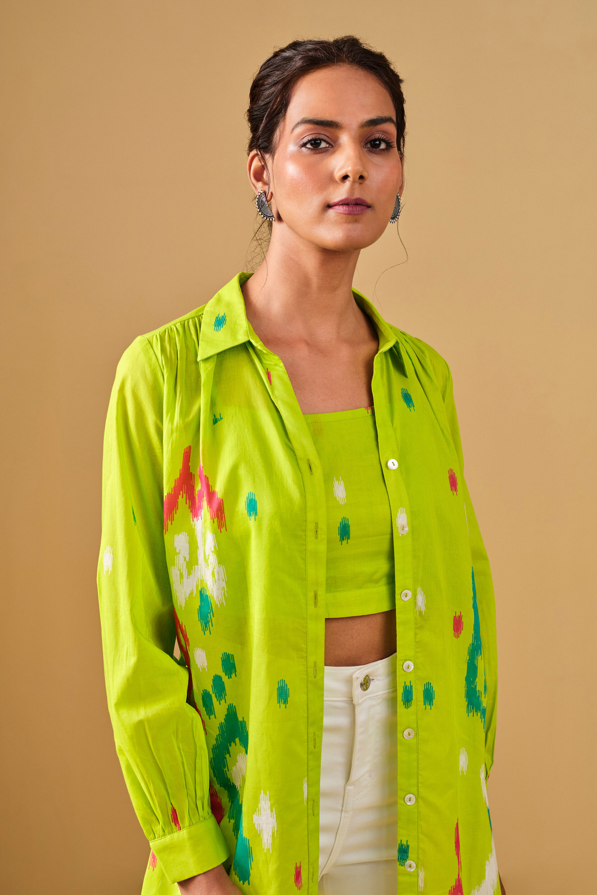 Ikat Inspired Cotton Top-Jacket Set, Lime, image 4