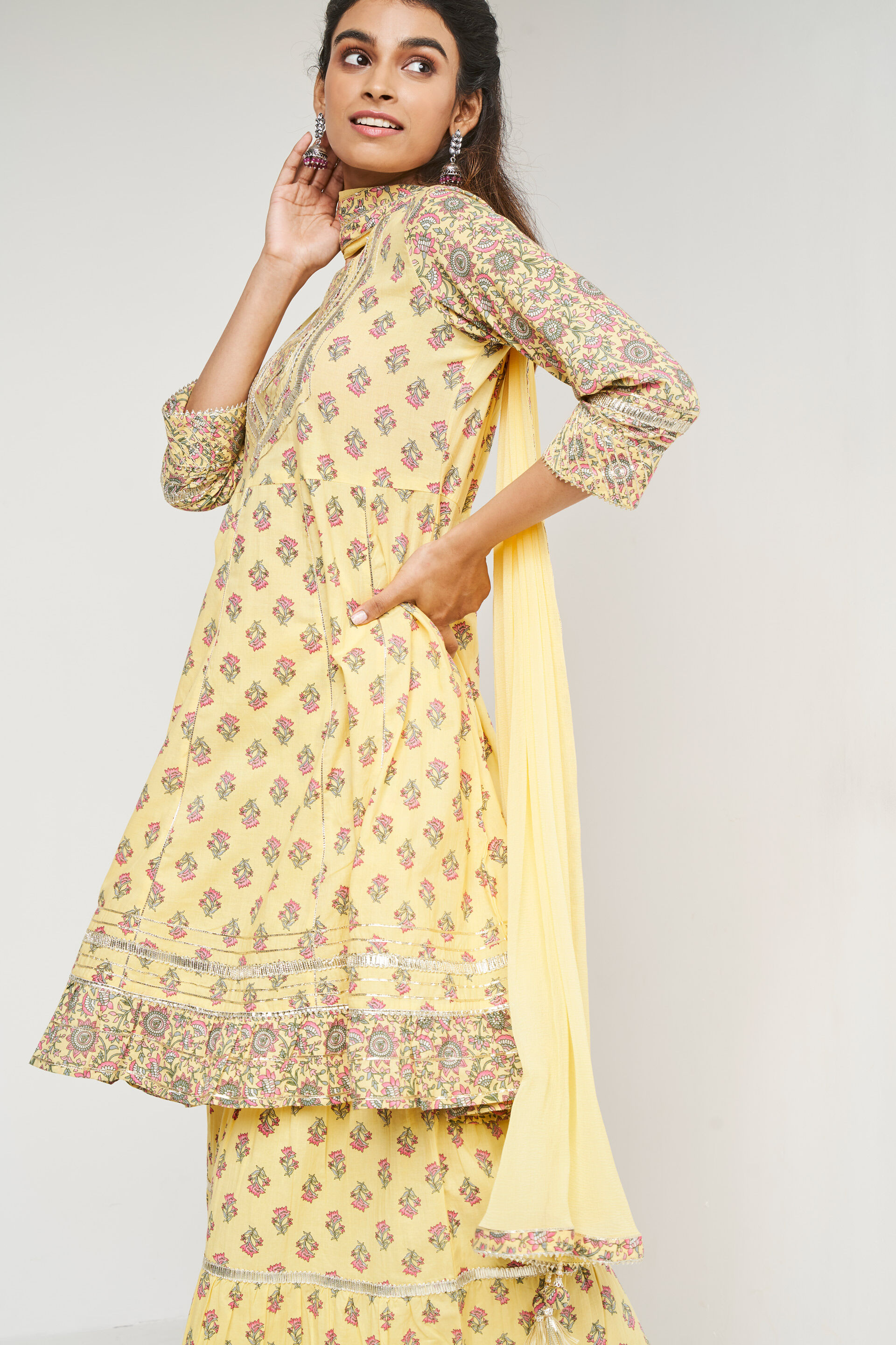Yellow Ethnic Motifs Flared Suit, Yellow, image 7