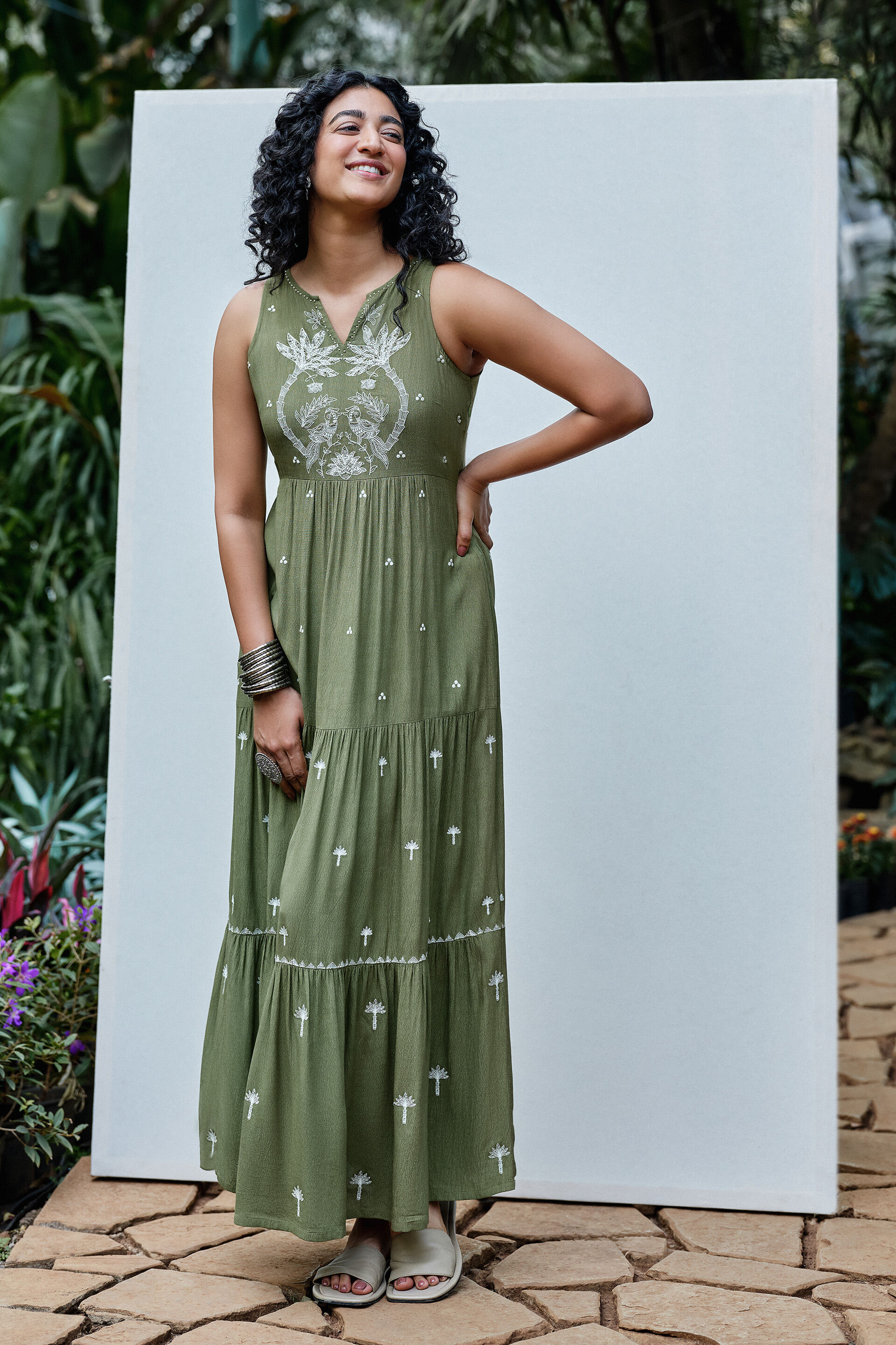 Olive Embroidered Maxi Dress, Green, image 2