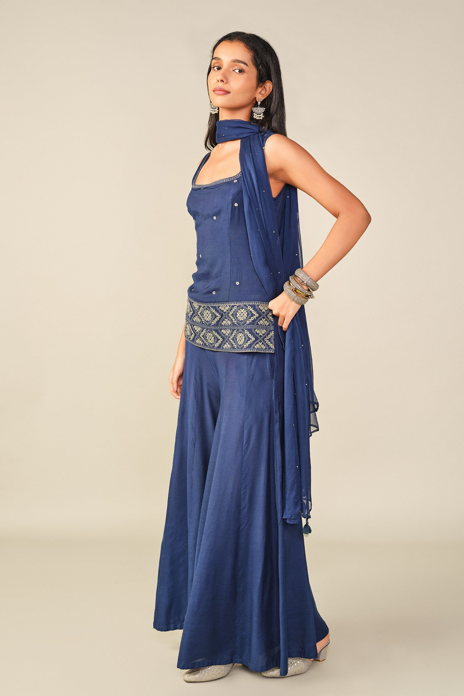 Embroidered Kurta Set in Indigo, Indigo, image 4