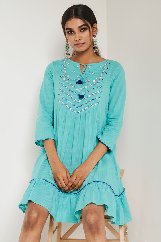Aqua Solid Flared Dress, Aqua, image 1