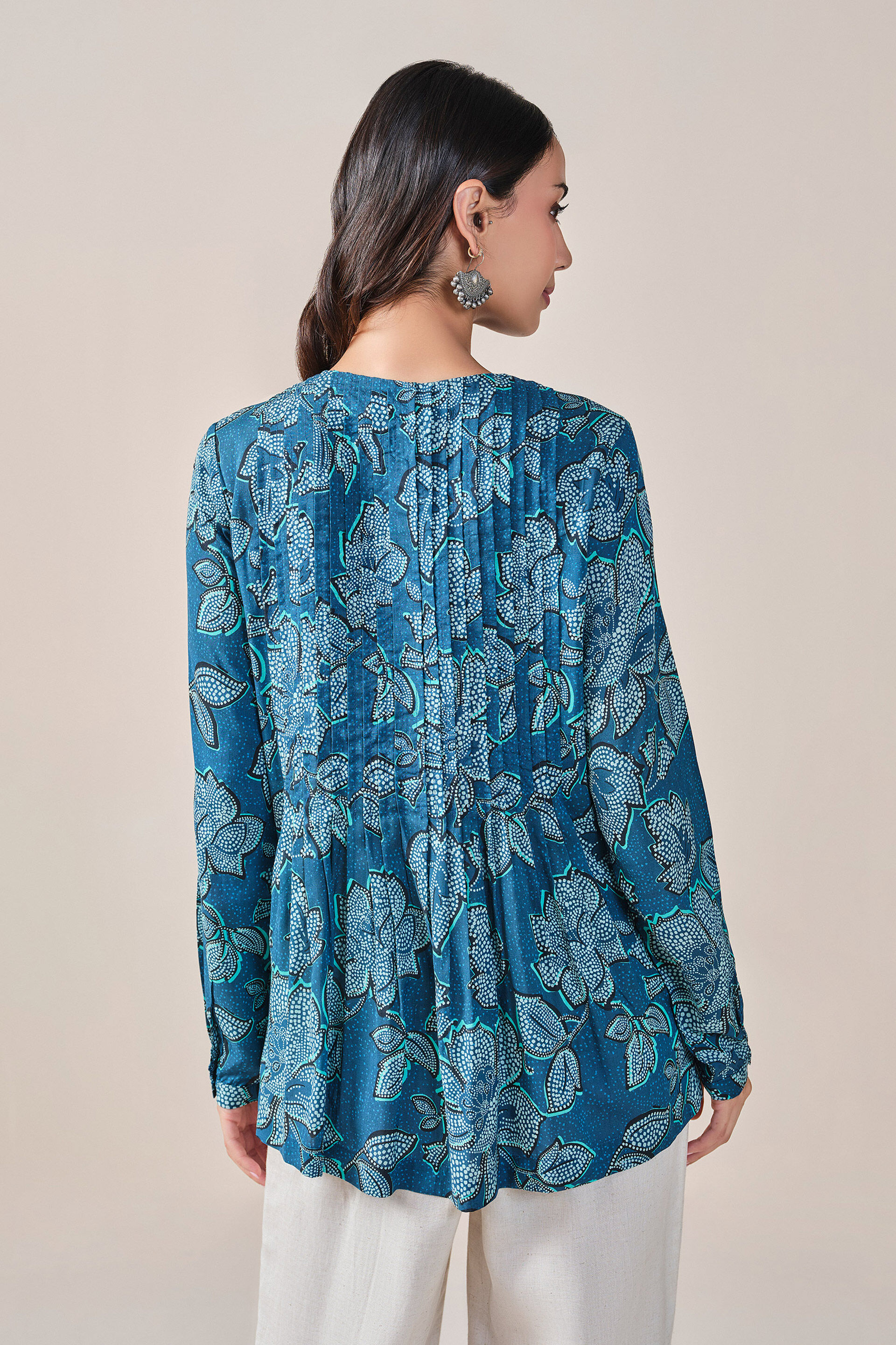 Blue Floral Print Viscose Top, Blue, image 8