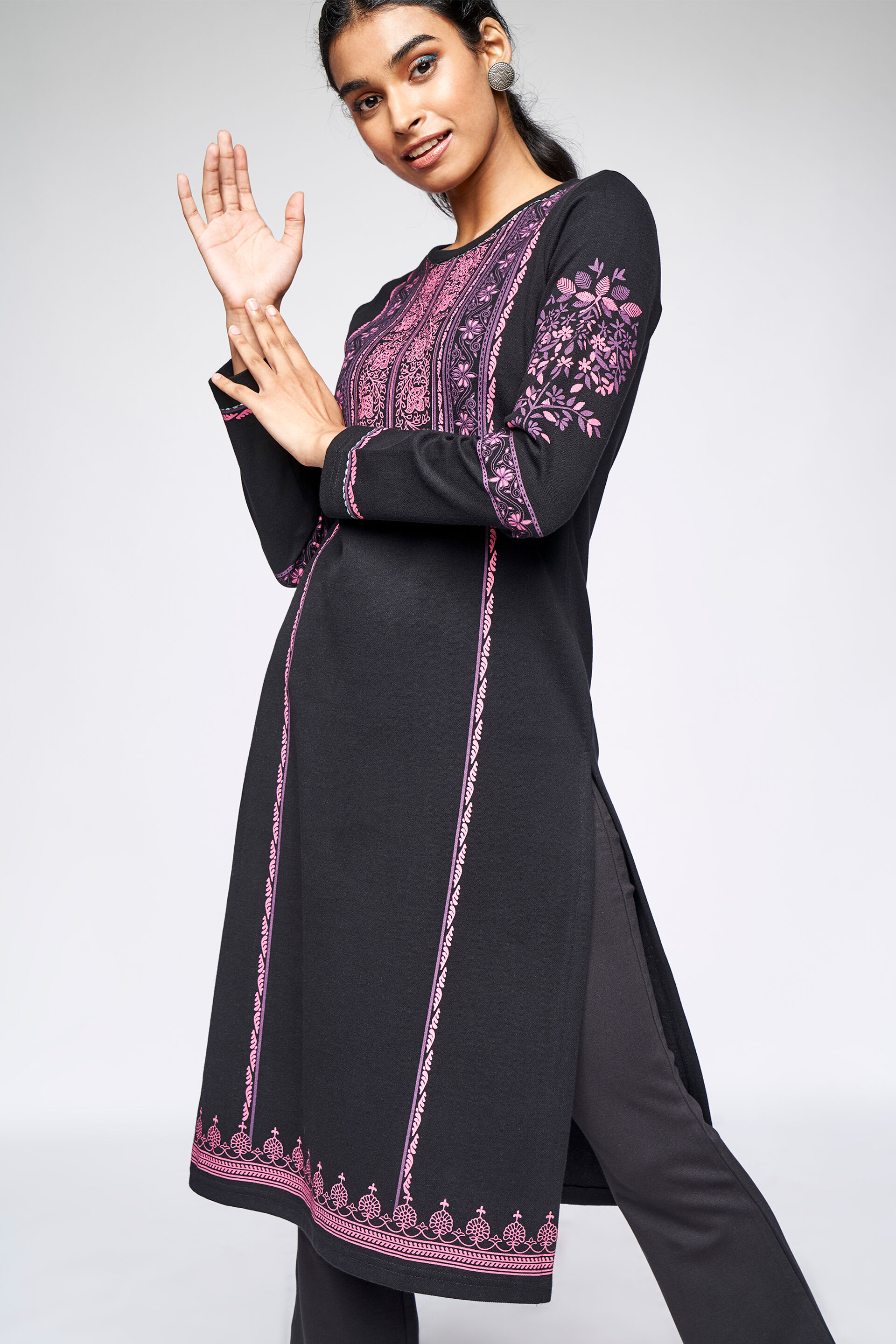 Midnight Blue Solid Kurta with Tribal Embroidery and Curved  Hem22WLK06824A  Lakshita