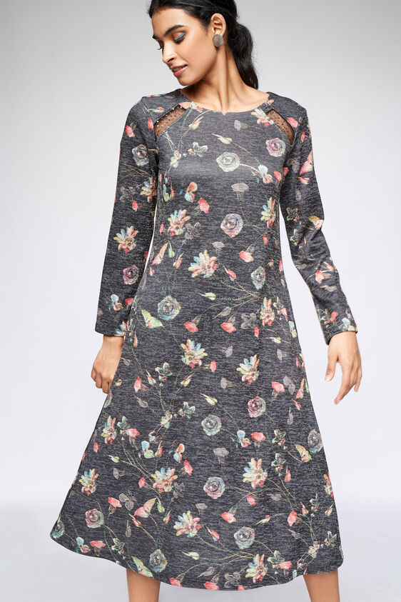2 - Dark Grey Floral Fit and Flare Dress, image 2