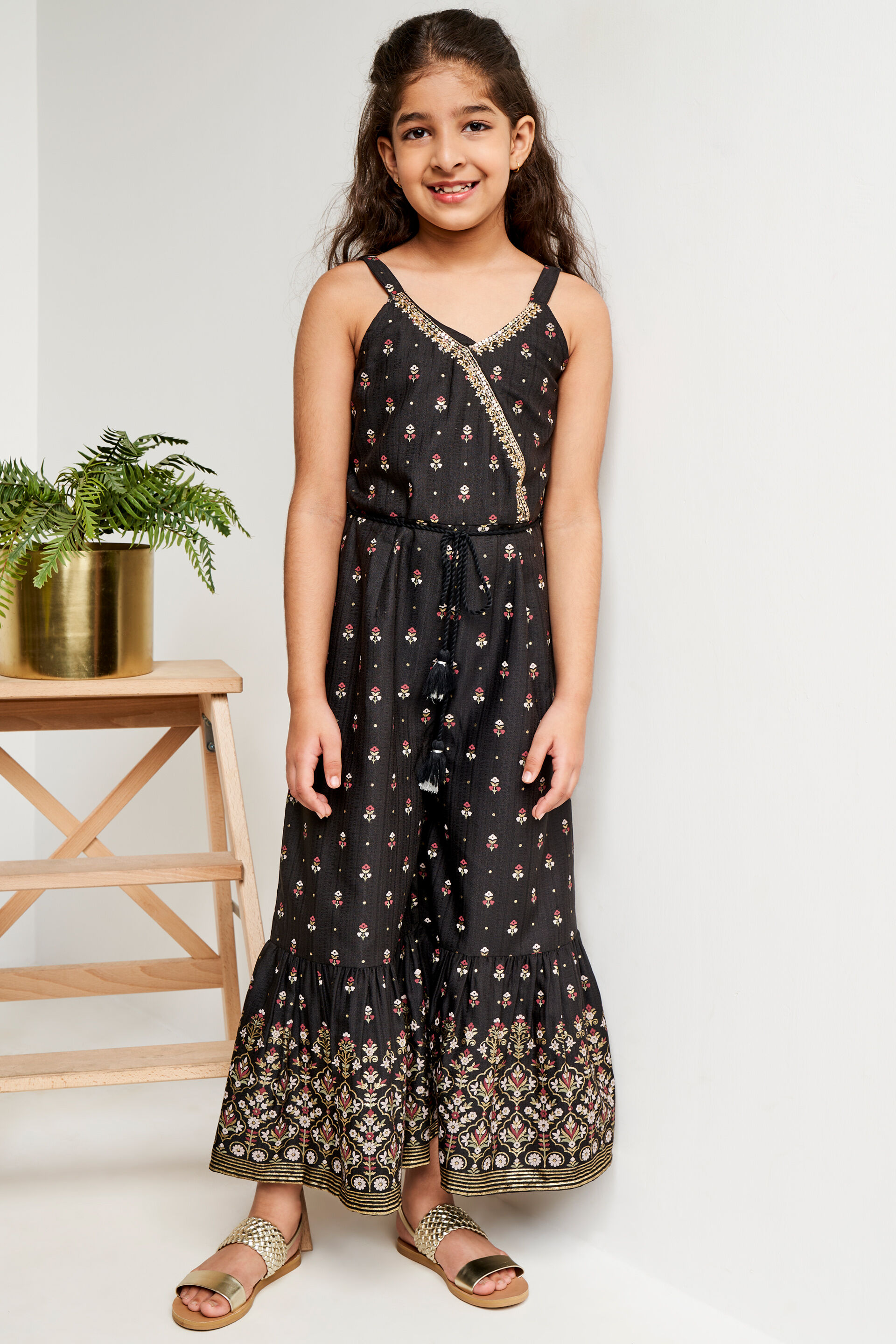 Black Khari Flounce Jump Suit, Black, image 3