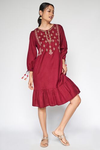 2 - Wine Embroidered A-Line Dress, image 2