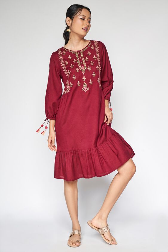 2 - Wine Embroidered A-Line Dress, image 2