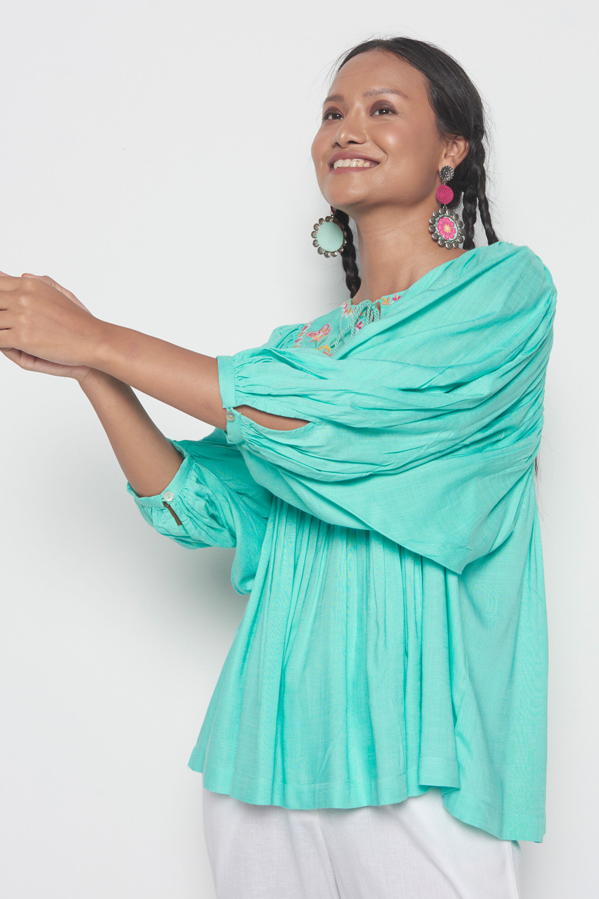 Grove Blouson Top, Aqua, image 3