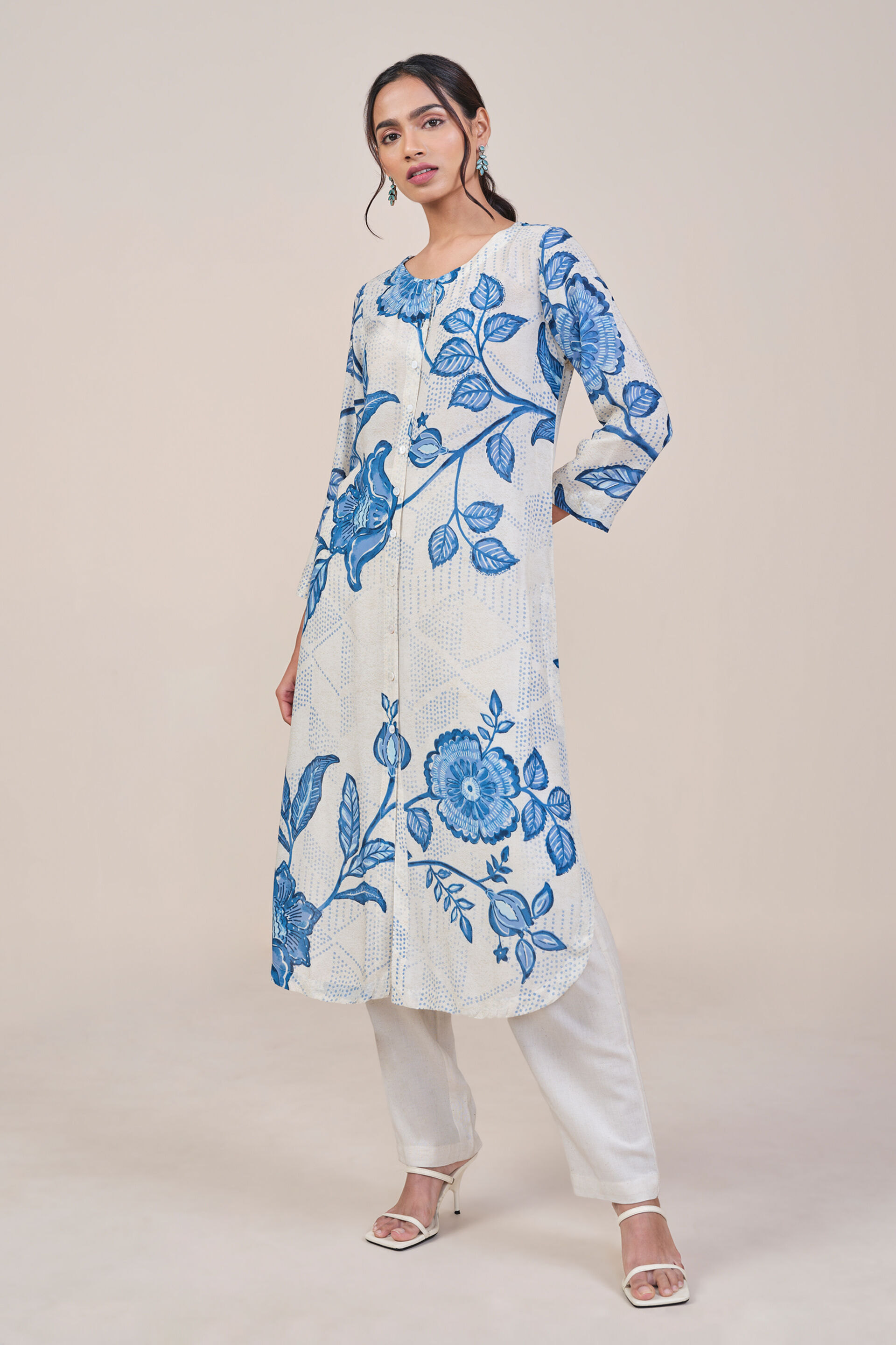 White Floral Inspired Viscose Kurta, Off White, image 5