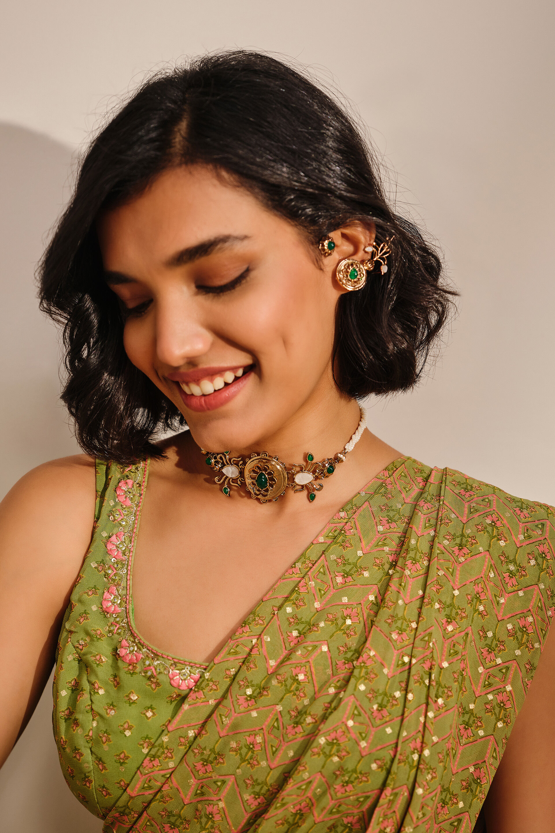 Leher Predraped Saree, Green, image 6