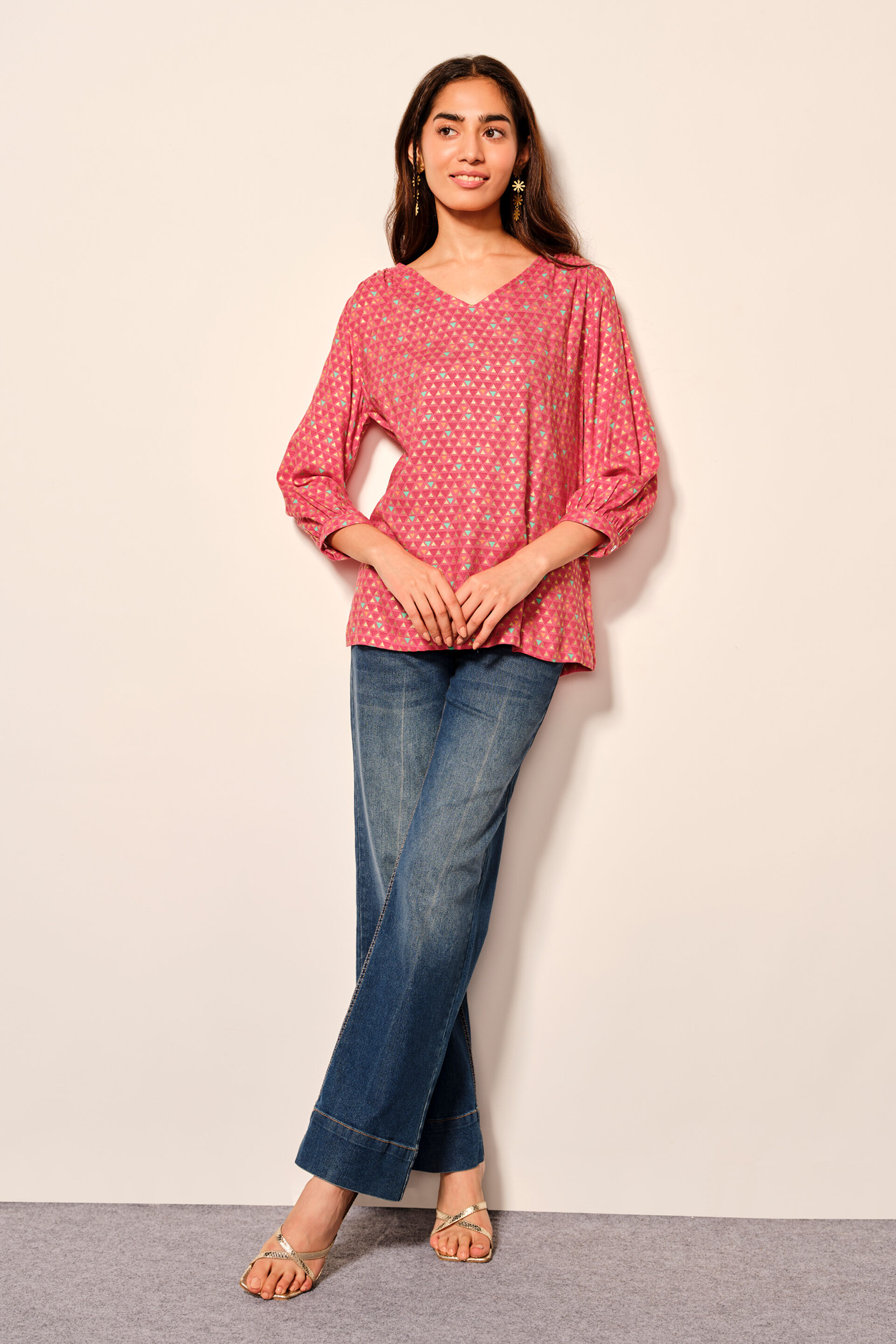 Coral Viscose Top With India-Inspired Print, Coral, image 2