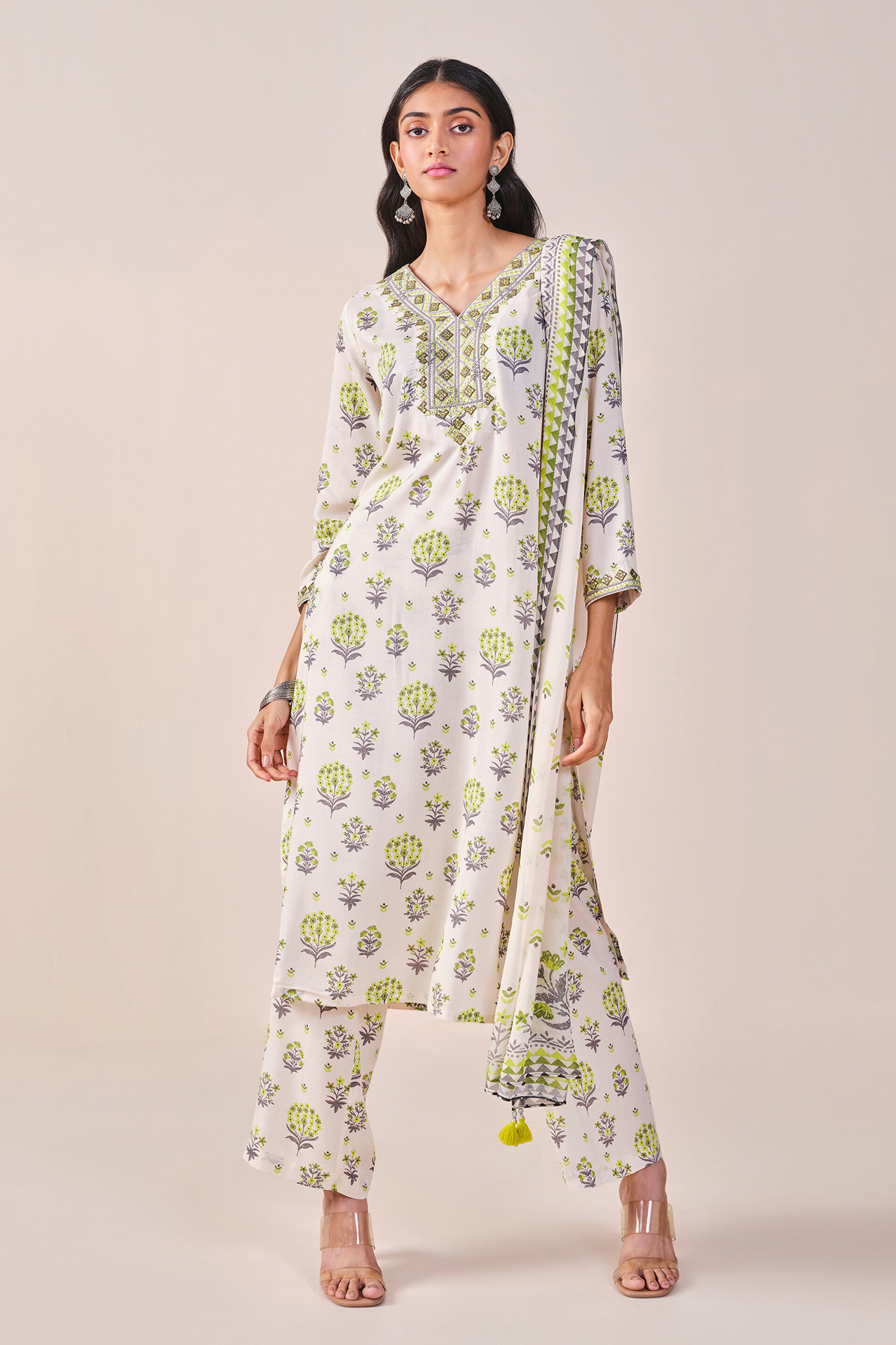 Off White Butti Printed Viscose Kurta Set, Off White, image 2
