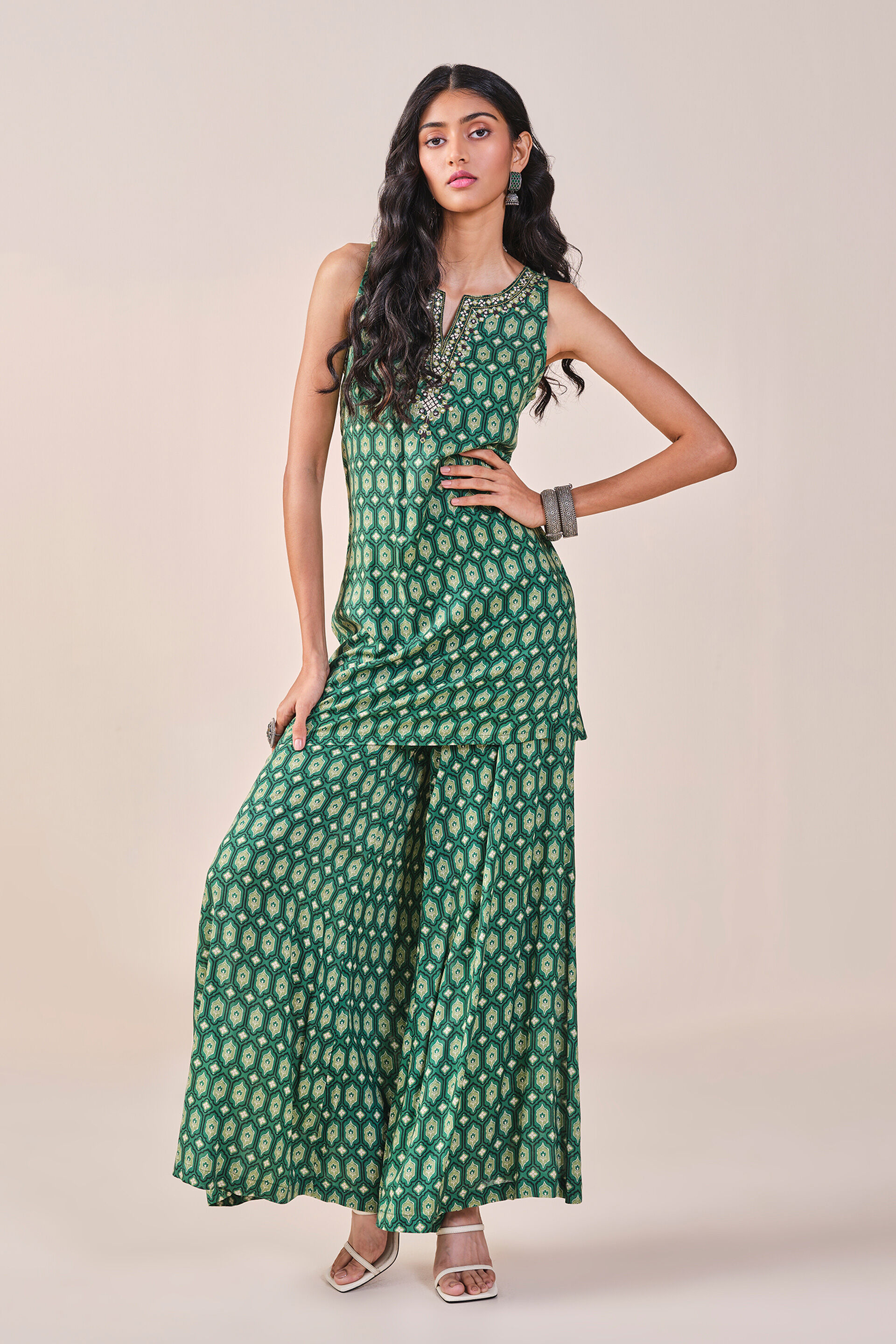 Lattice Inspired Print Viscose Kurta Set, Green, image 5