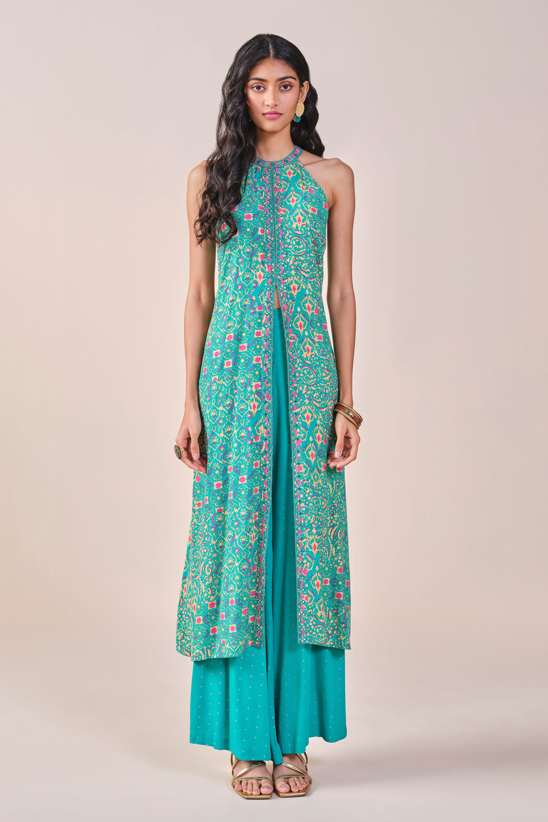 Teal Festive Embroidered Ikat inspired Viscose Kurta set, Teal, image 6