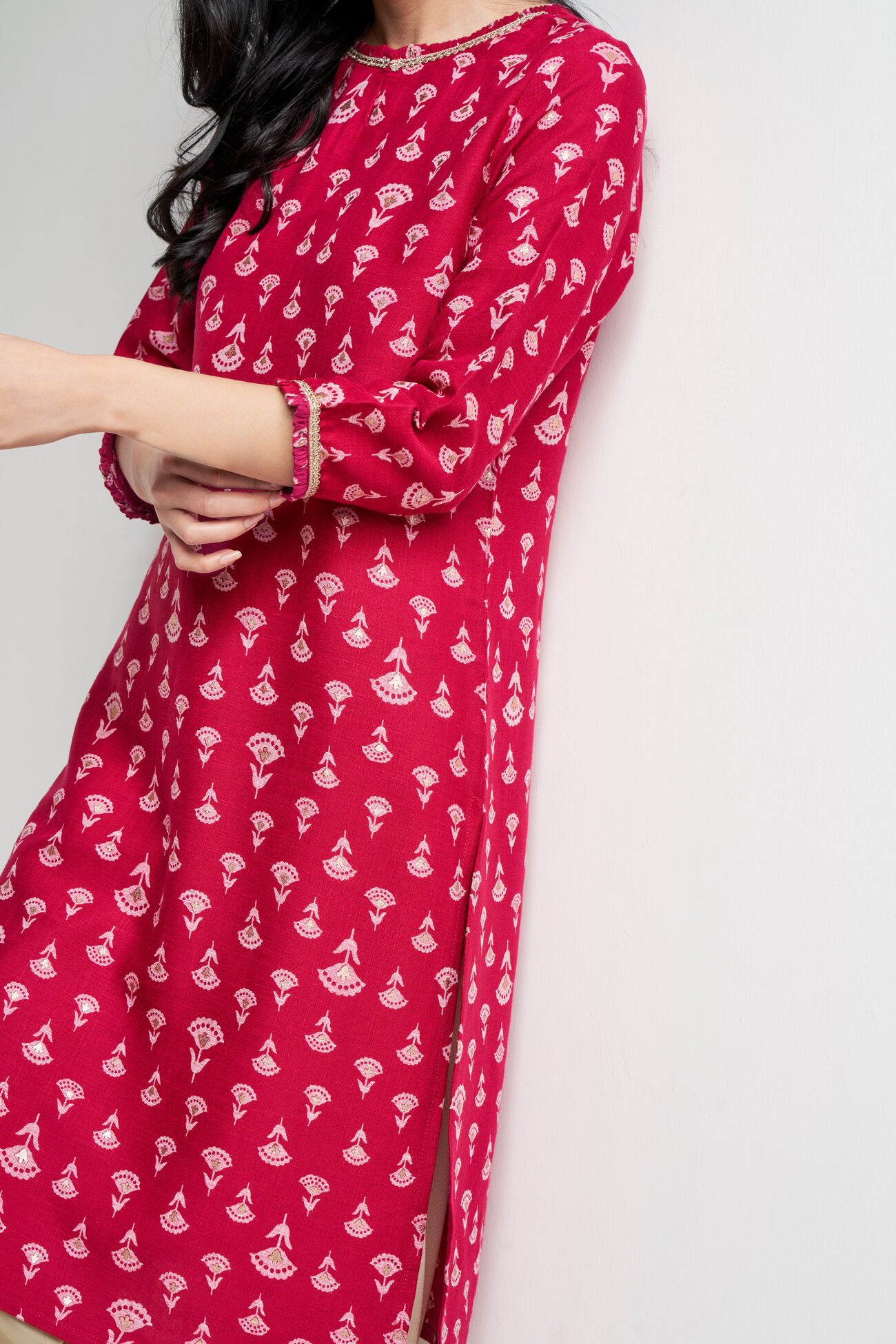 Pink Ethnic Motifs Straight Kurta, Pink, image 2