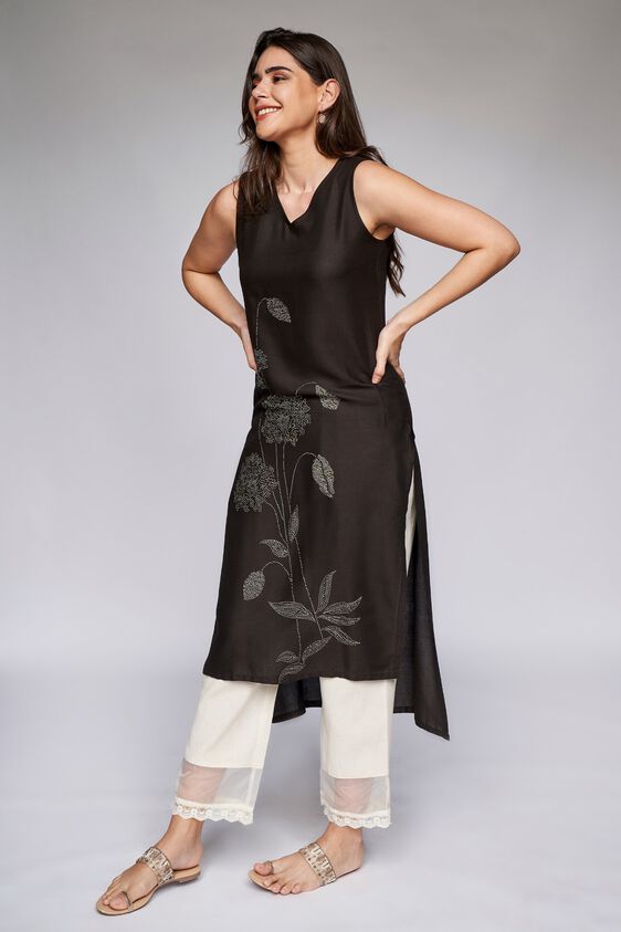 2 - Black Floral Straight Kurta, image 3
