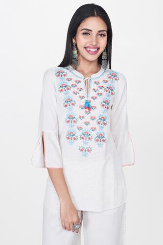 1 - Natural Embroidered Round Neck Top, image 1