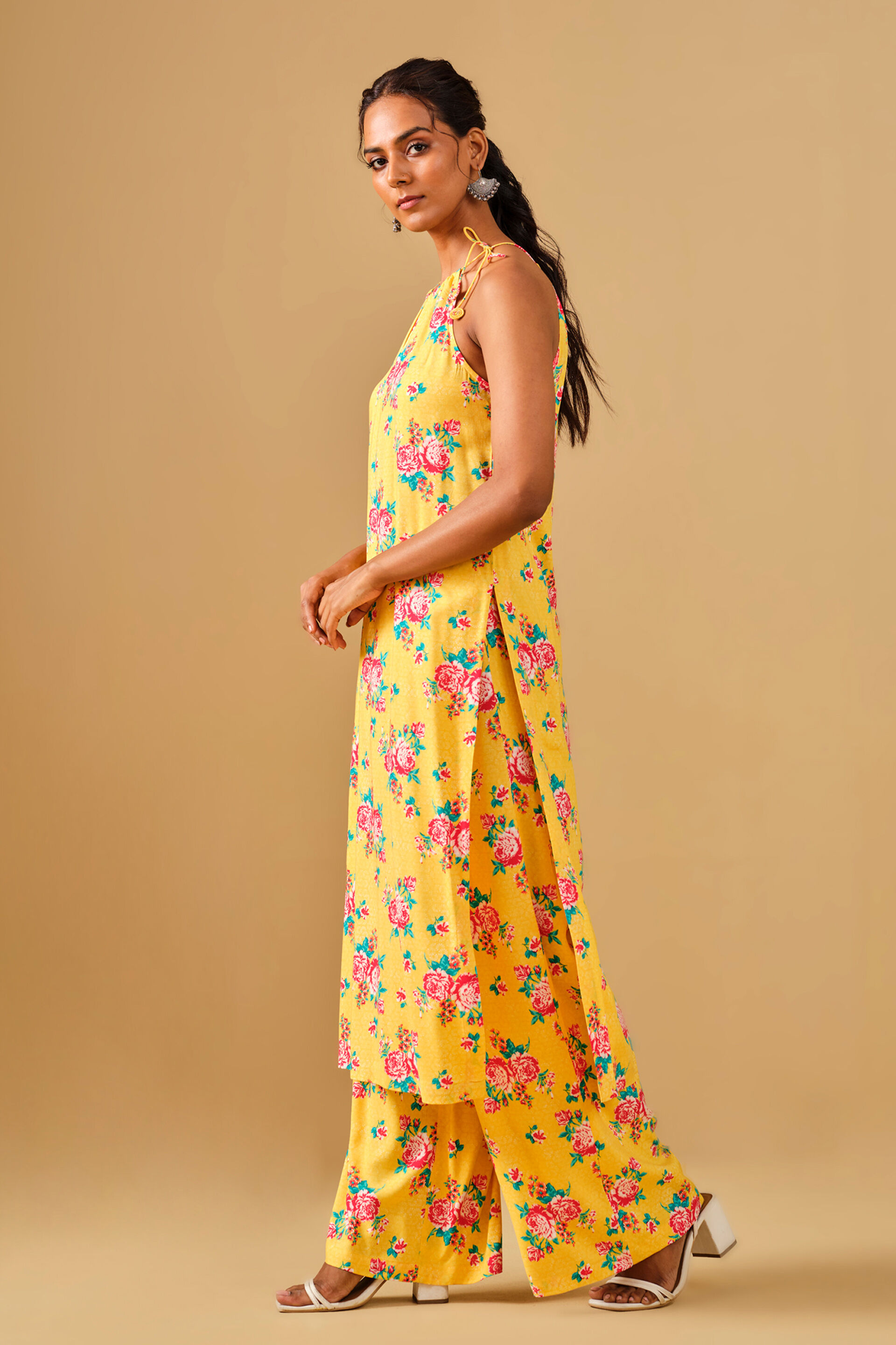 Floral Print Yellow Viscose Kurta Set, Mustard, image 3