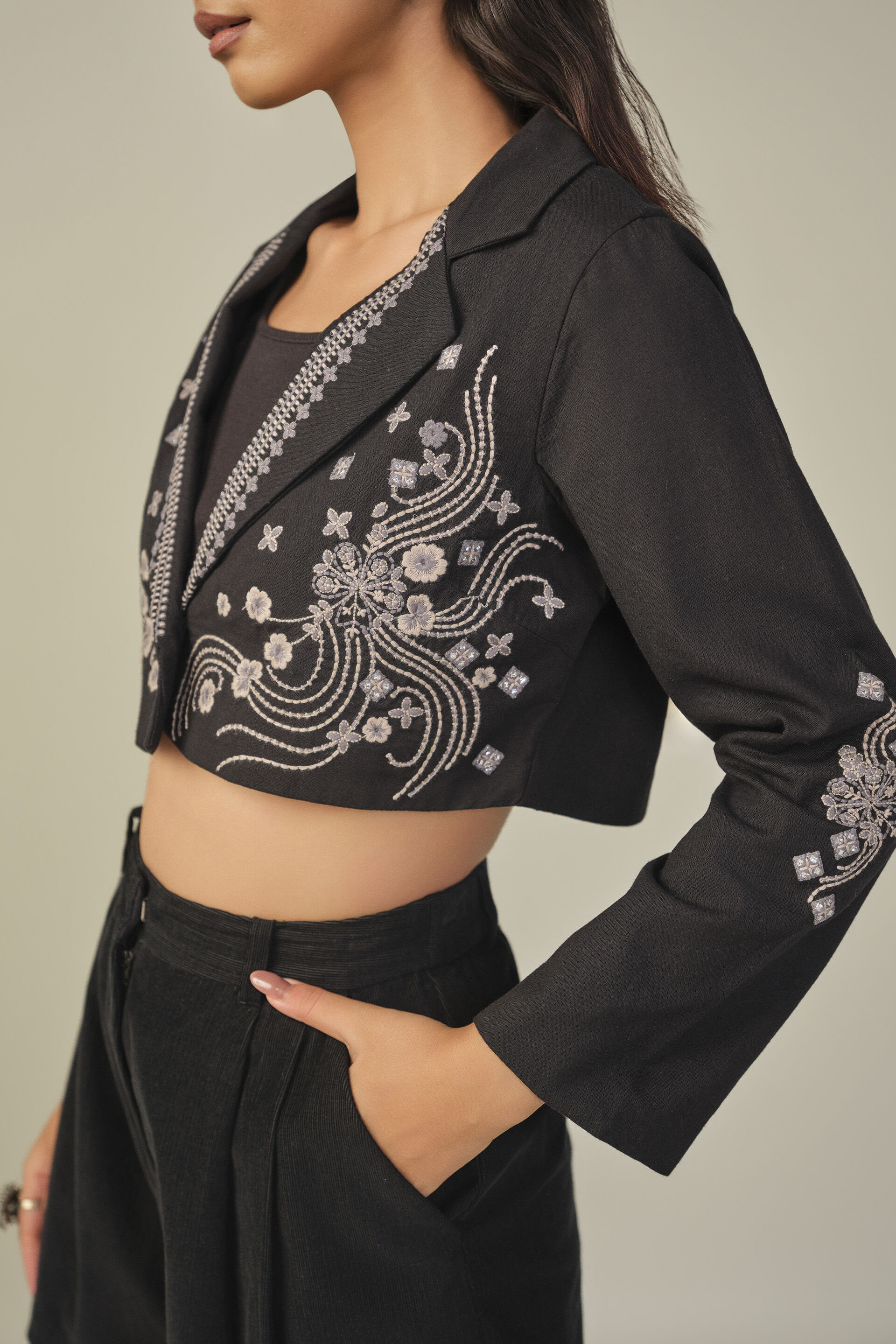 Embroidered Crop Jacket in Black, Black, image 2