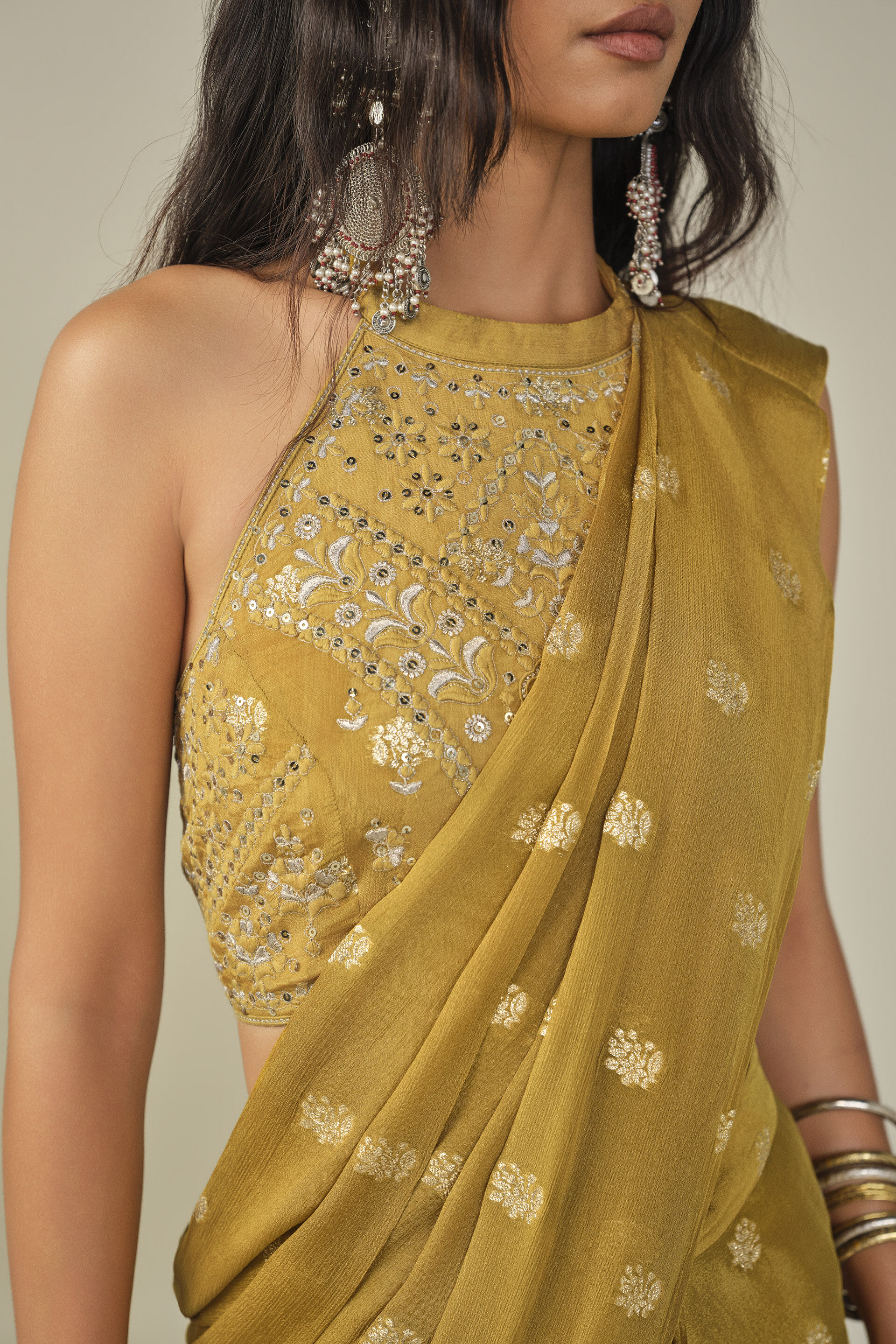 Embroidered Pre-stitched Saree in Yellow, Yellow, image 2