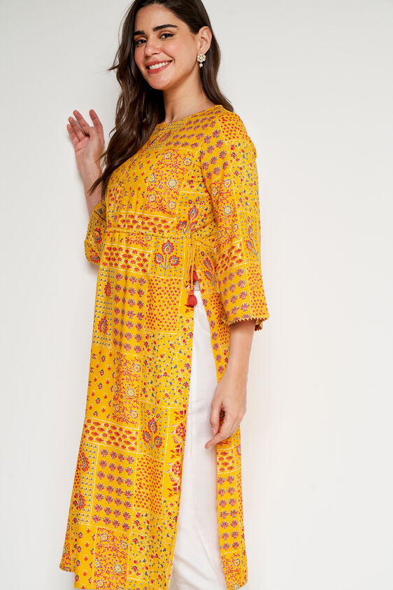 Yellow Ethnic Motifs Straight Kurta, Yellow, image 2