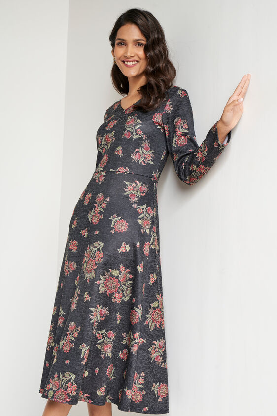 Black Foil Print Flared Slip-On Dress, Black, image 6