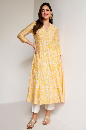Yellow Ethnic Motifs Flared Kurta, Yellow, image 1