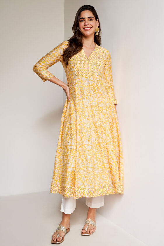 Yellow Ethnic Motifs Flared Kurta, Yellow, image 1