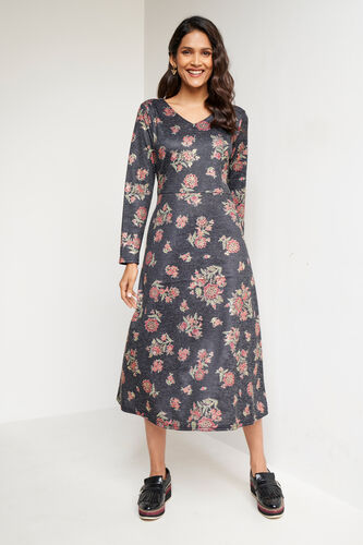 Black Foil Print Flared Slip-On Dress, Black, image 1