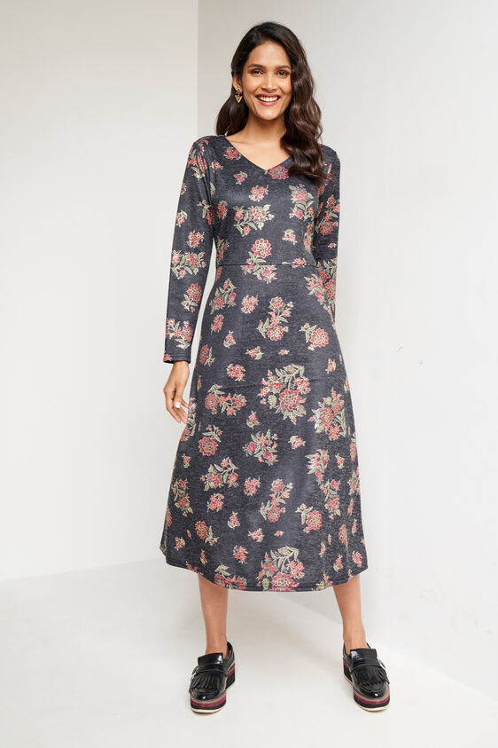 Black Foil Print Flared Slip-On Dress, Black, image 1