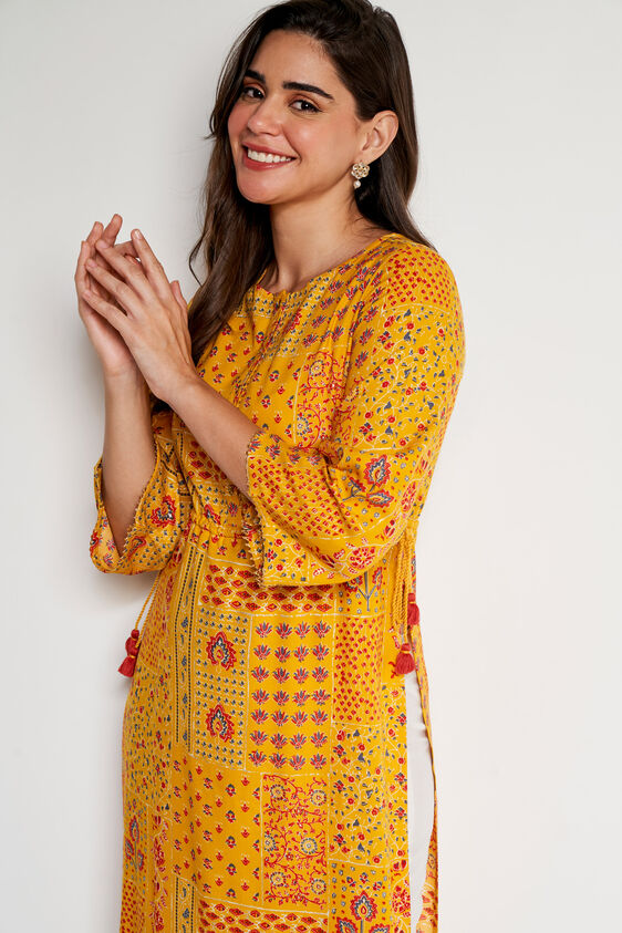 Yellow Ethnic Motifs Straight Kurta, Yellow, image 3